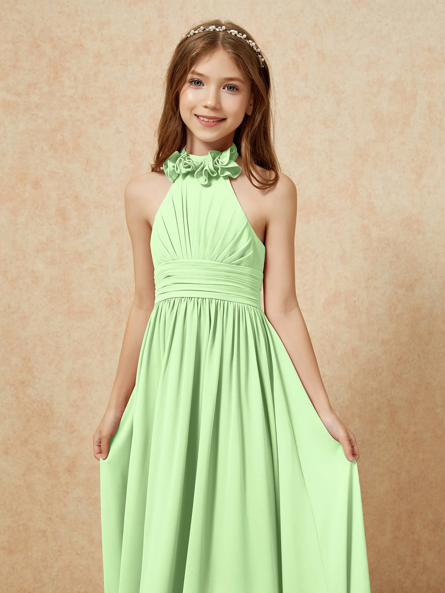 Halter Backless Chiffon Long Junior Bridesmaid Dress Sage - Image 6