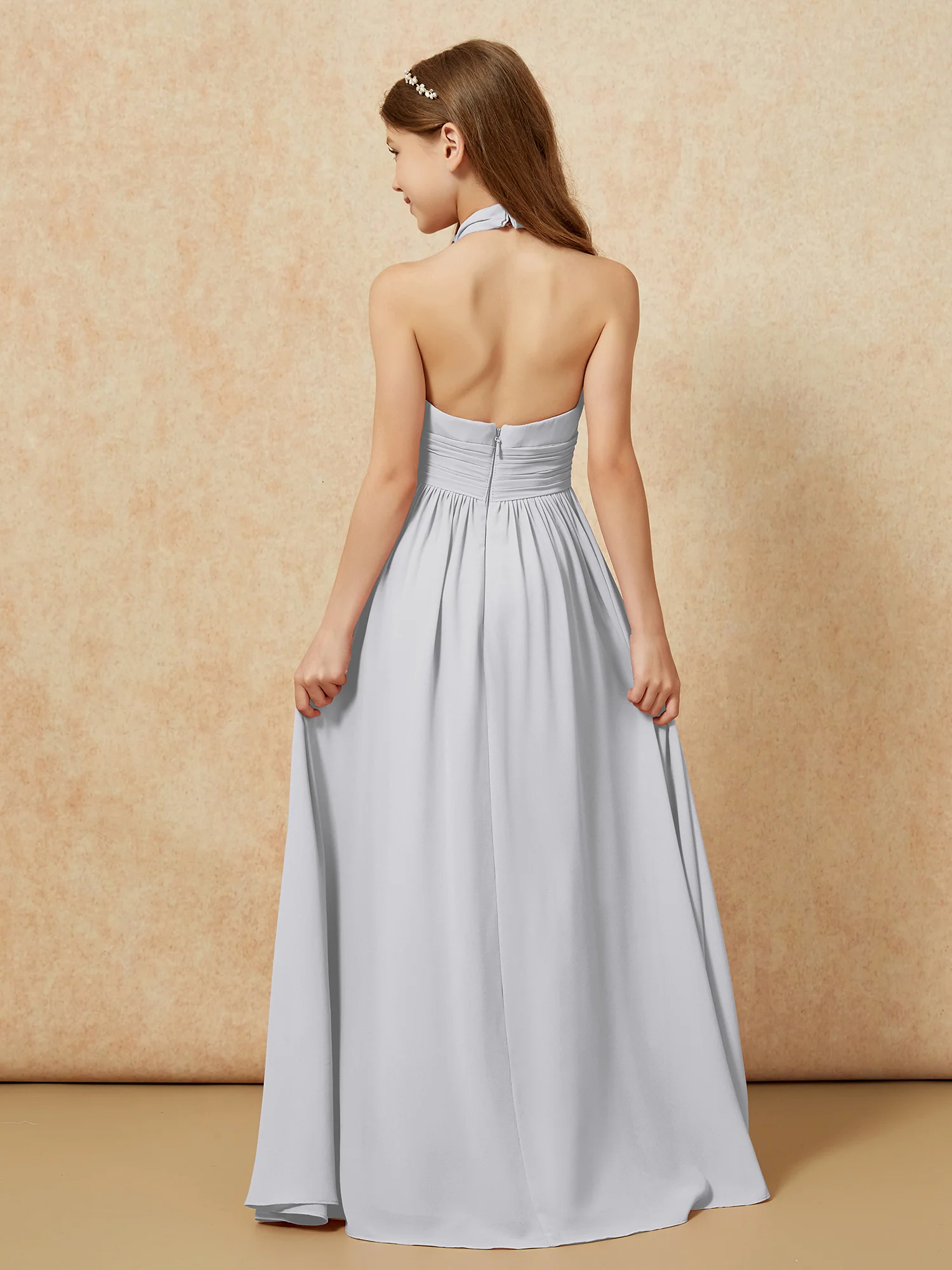 Halter Backless Chiffon Long Junior Bridesmaid Dress Silver - Image 2