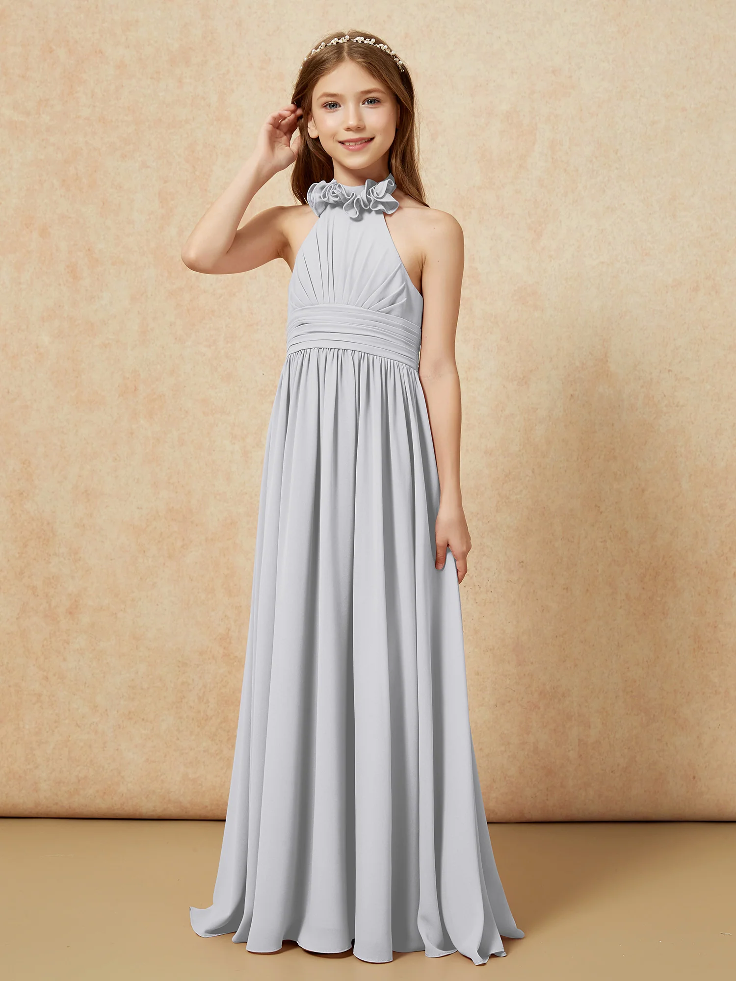 Halter Backless Chiffon Long Junior Bridesmaid Dress Silver - Image 3
