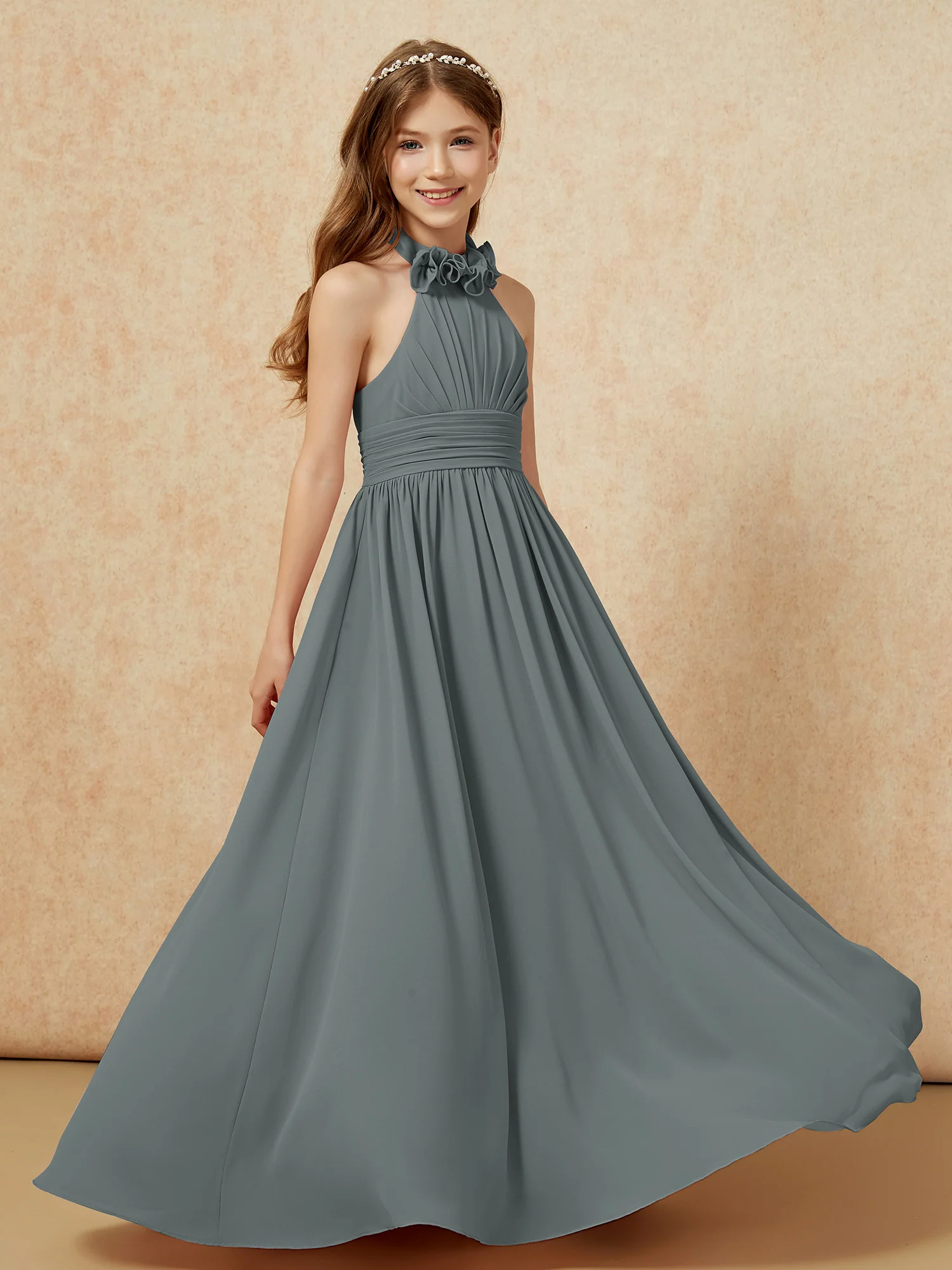 Halter Backless Chiffon Long Junior Bridesmaid Dress Steel Grey