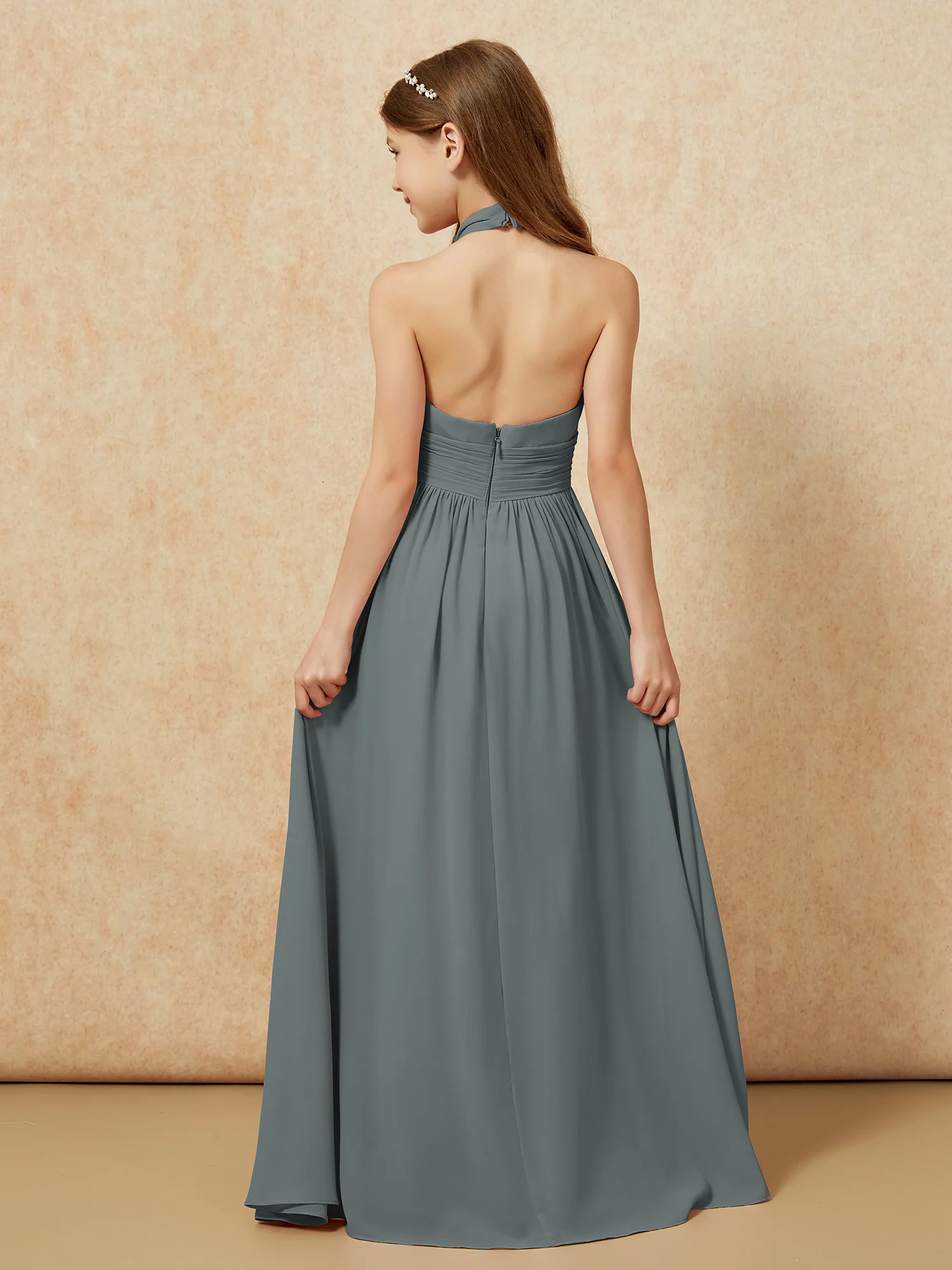 Halter Backless Chiffon Long Junior Bridesmaid Dress Steel Grey - Image 2