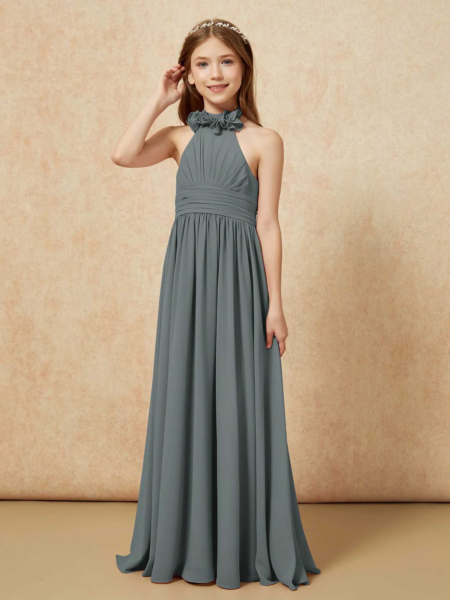 Halter Backless Chiffon Long Junior Bridesmaid Dress Steel Grey - Image 3