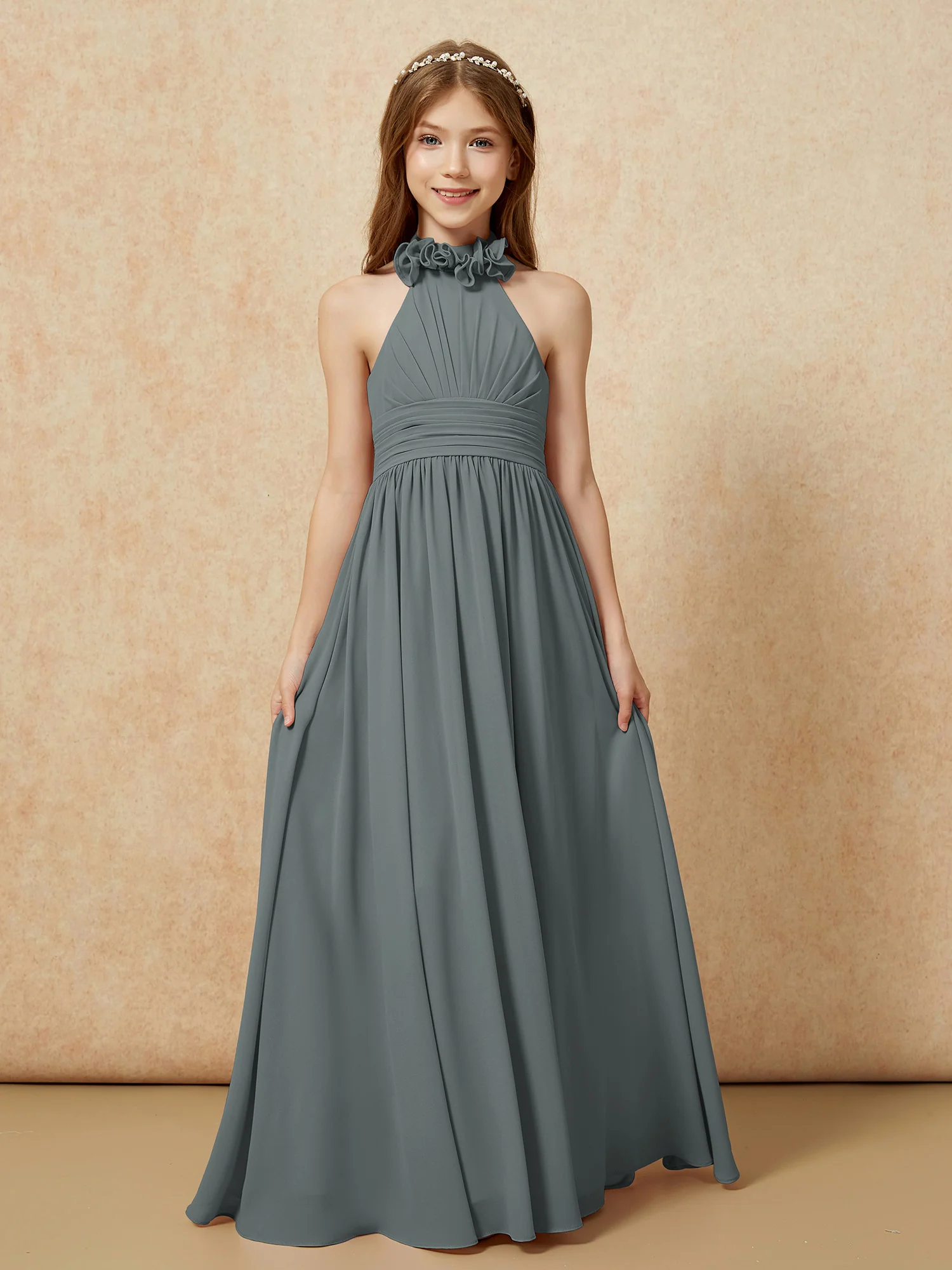 Halter Backless Chiffon Long Junior Bridesmaid Dress Steel Grey - Image 4