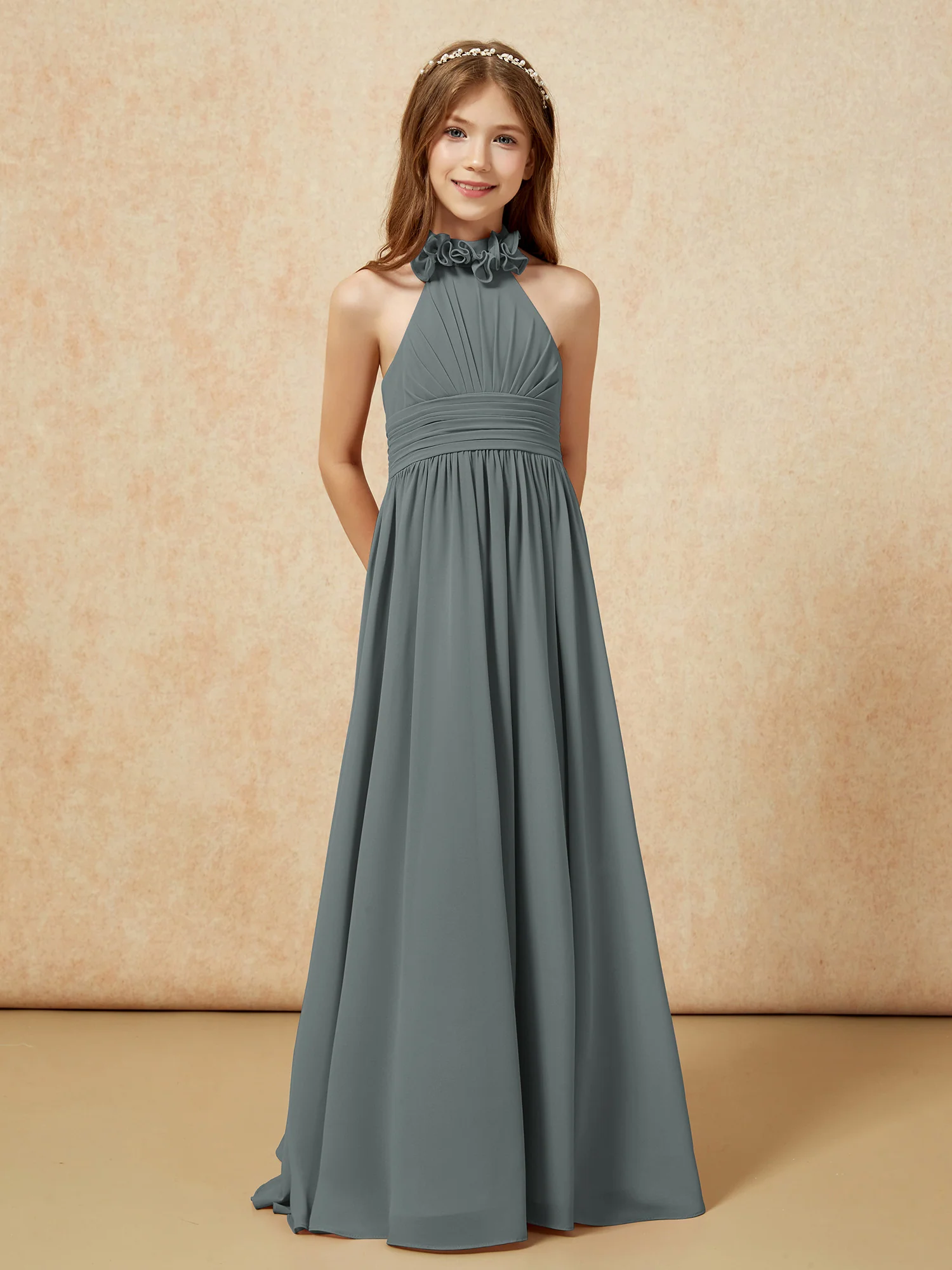 Halter Backless Chiffon Long Junior Bridesmaid Dress Steel Grey - Image 5