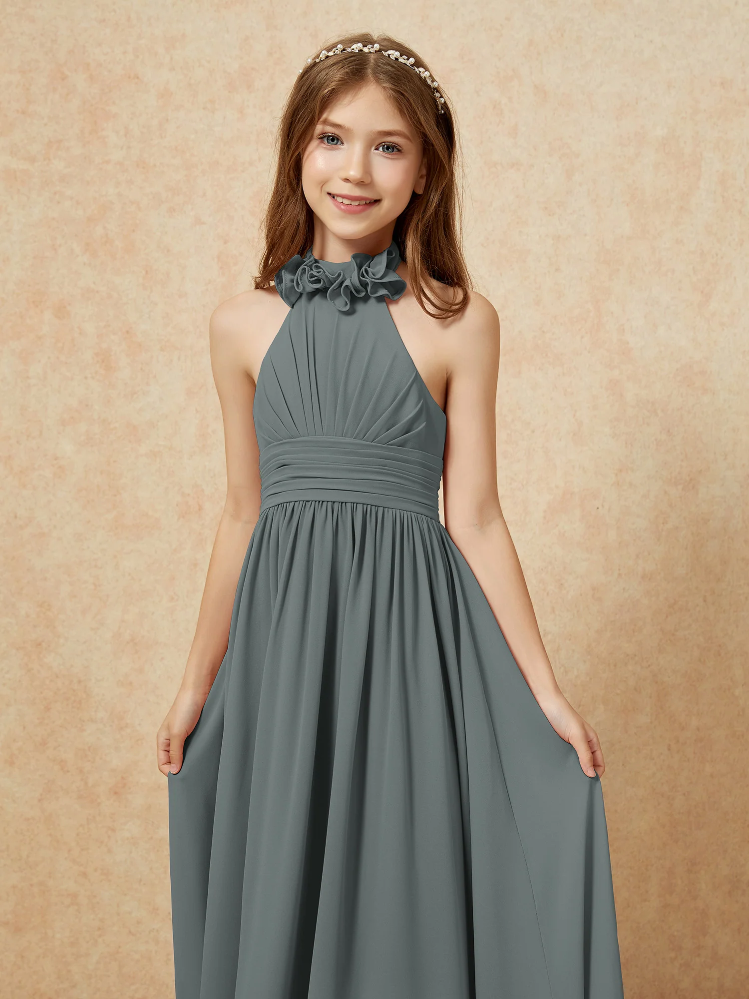 Halter Backless Chiffon Long Junior Bridesmaid Dress Steel Grey - Image 6