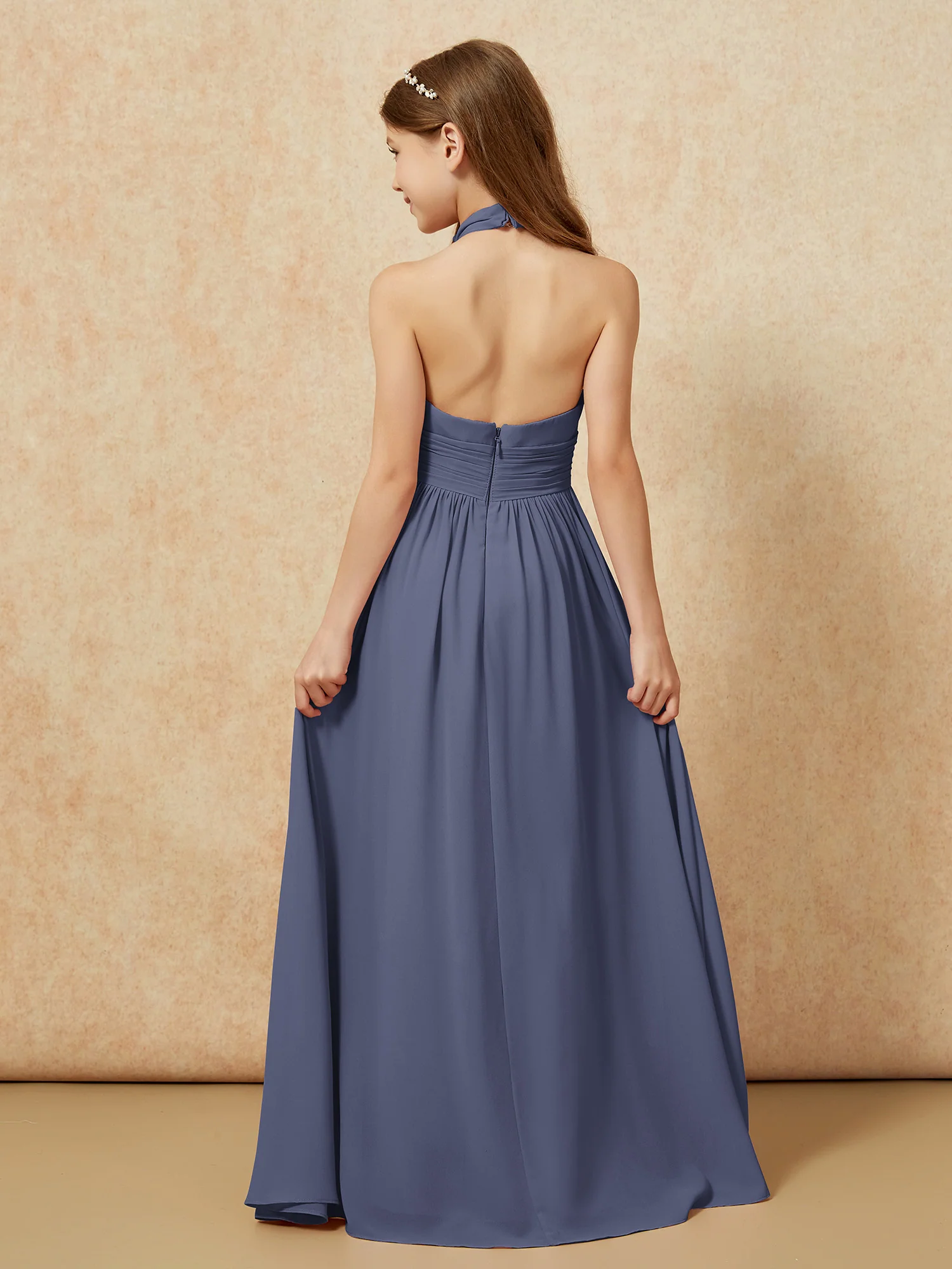 Halter Backless Chiffon Long Junior Bridesmaid Dress Stormy - Image 2