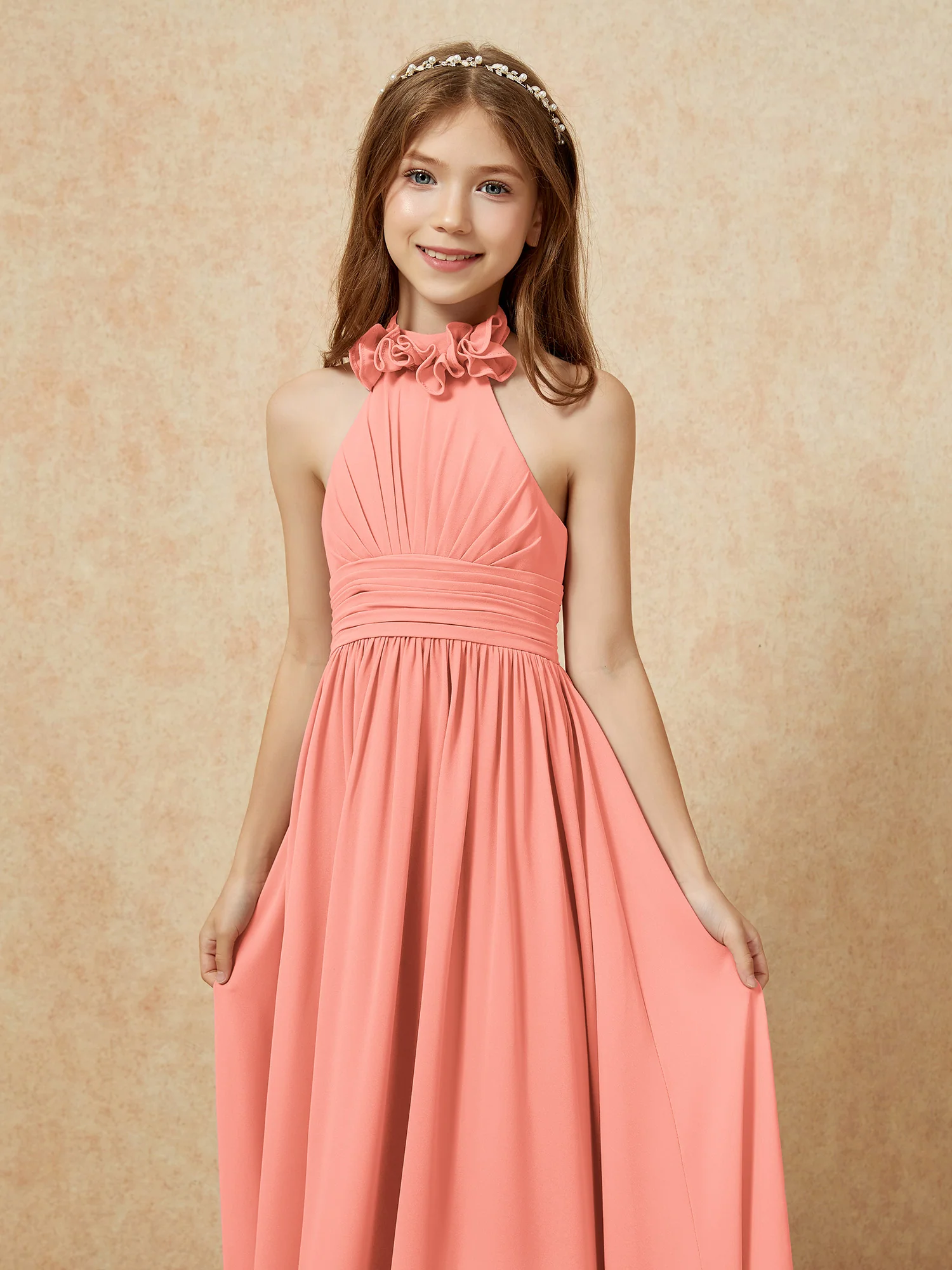 Halter Backless Chiffon Long Junior Bridesmaid Dress Sunset - Image 6