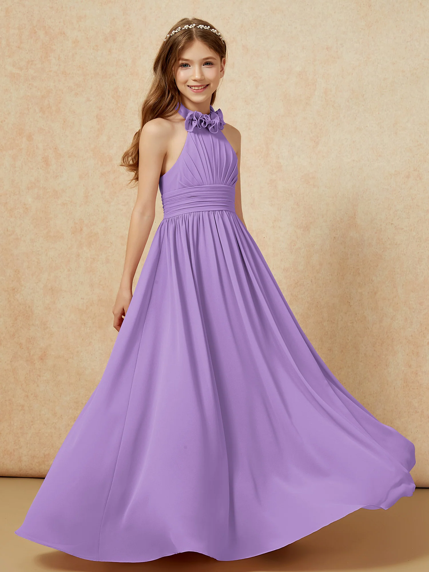 Halter Backless Chiffon Long Junior Bridesmaid Dress Tahiti