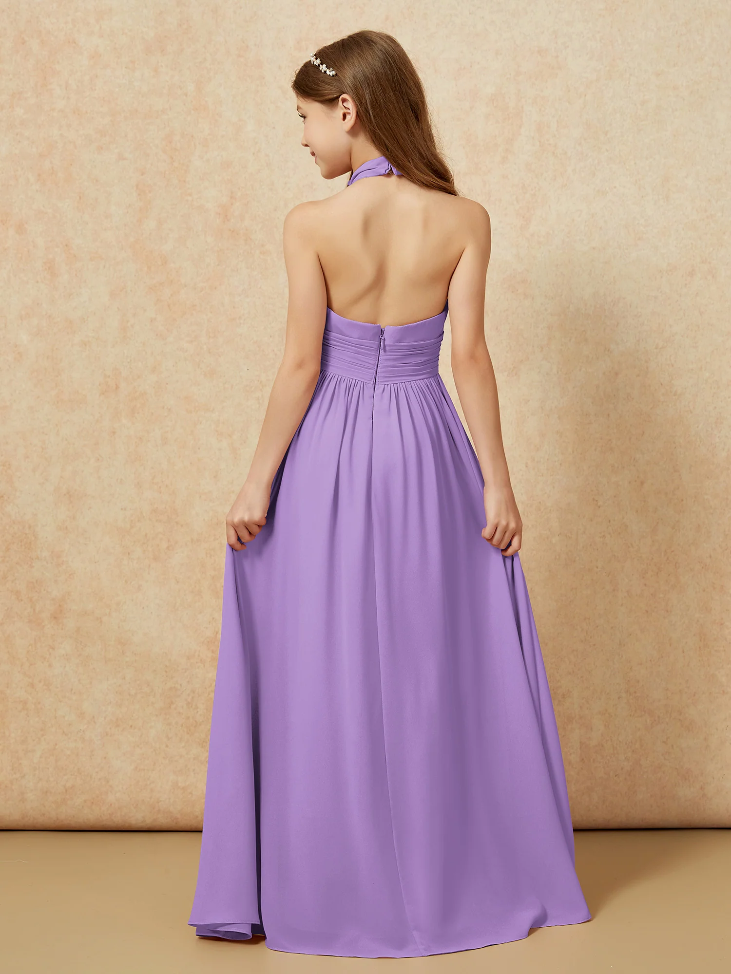 Halter Backless Chiffon Long Junior Bridesmaid Dress Tahiti - Image 2