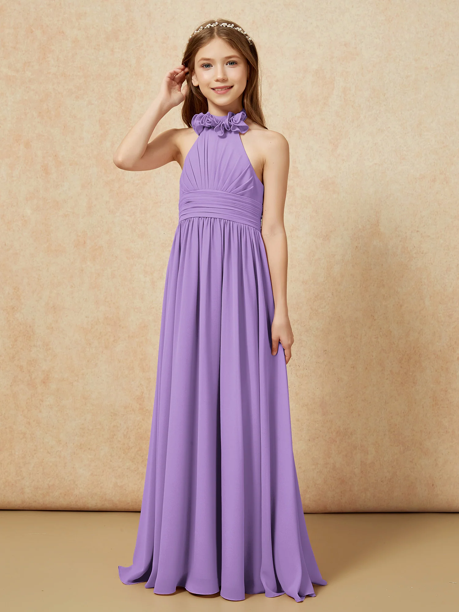 Halter Backless Chiffon Long Junior Bridesmaid Dress Tahiti - Image 3