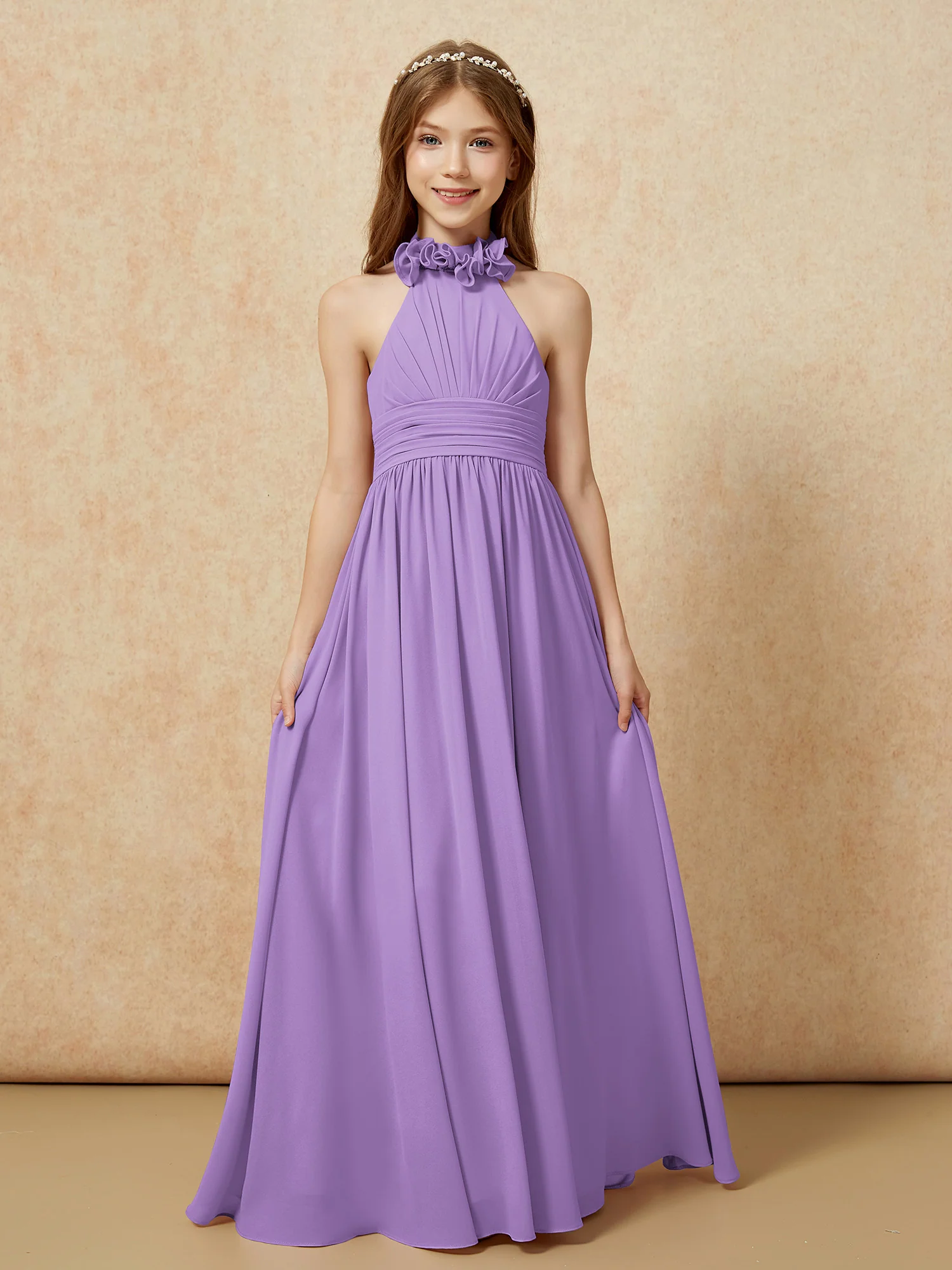 Halter Backless Chiffon Long Junior Bridesmaid Dress Tahiti - Image 4