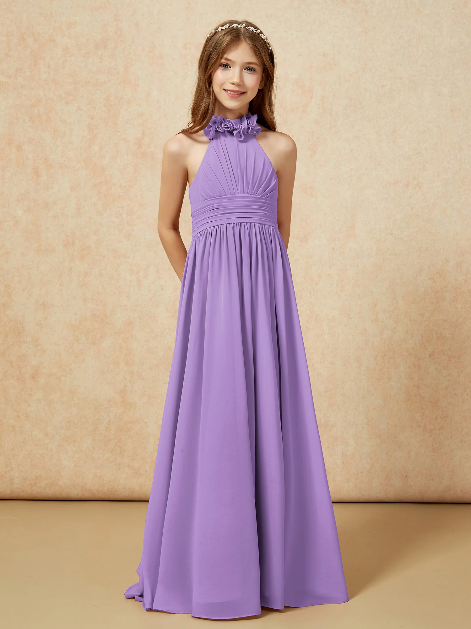 Halter Backless Chiffon Long Junior Bridesmaid Dress Tahiti - Image 5