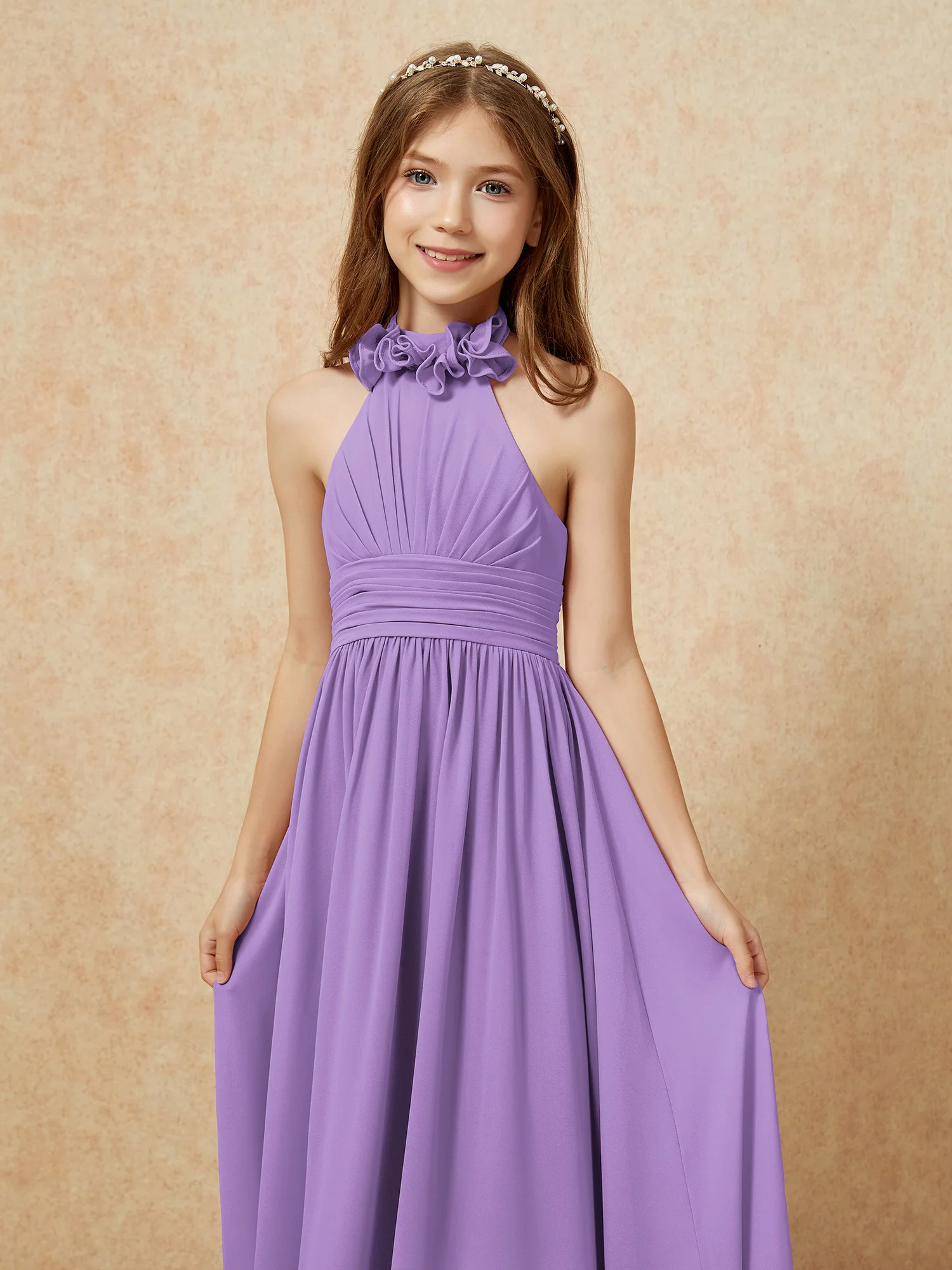 Halter Backless Chiffon Long Junior Bridesmaid Dress Tahiti - Image 6