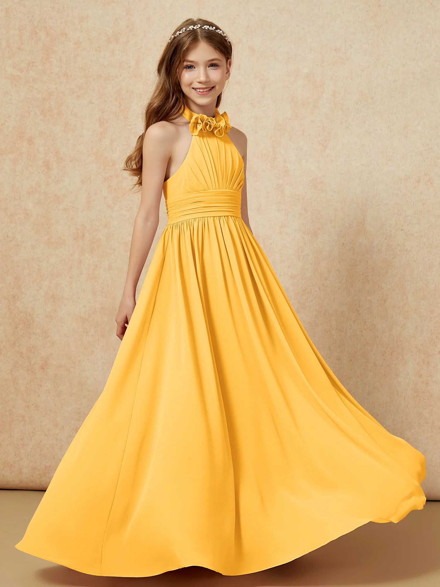 Halter Backless Chiffon Long Junior Bridesmaid Dress Tangerine