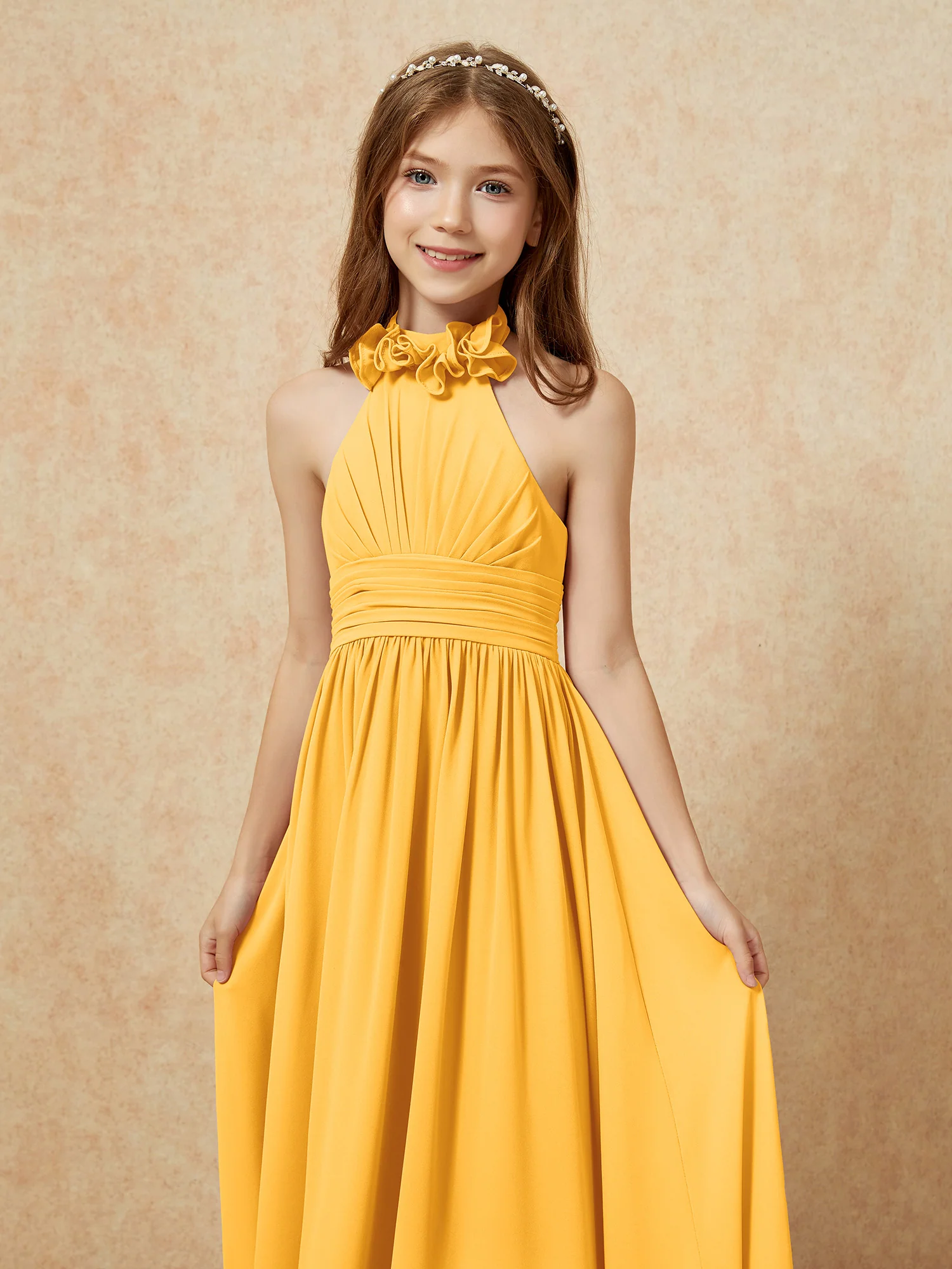 Halter Backless Chiffon Long Junior Bridesmaid Dress Tangerine - Image 6