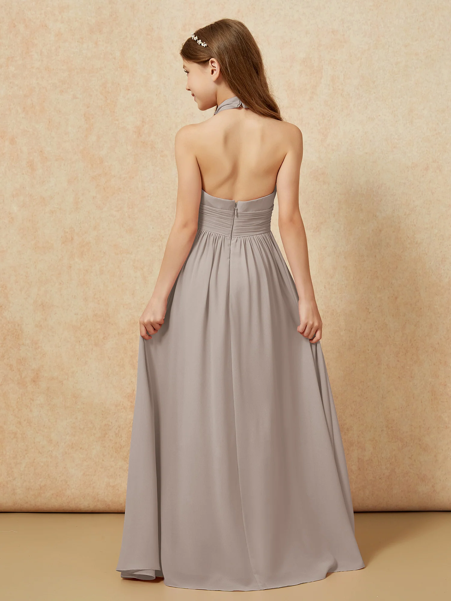 Halter Backless Chiffon Long Junior Bridesmaid Dress Taupe - Image 2