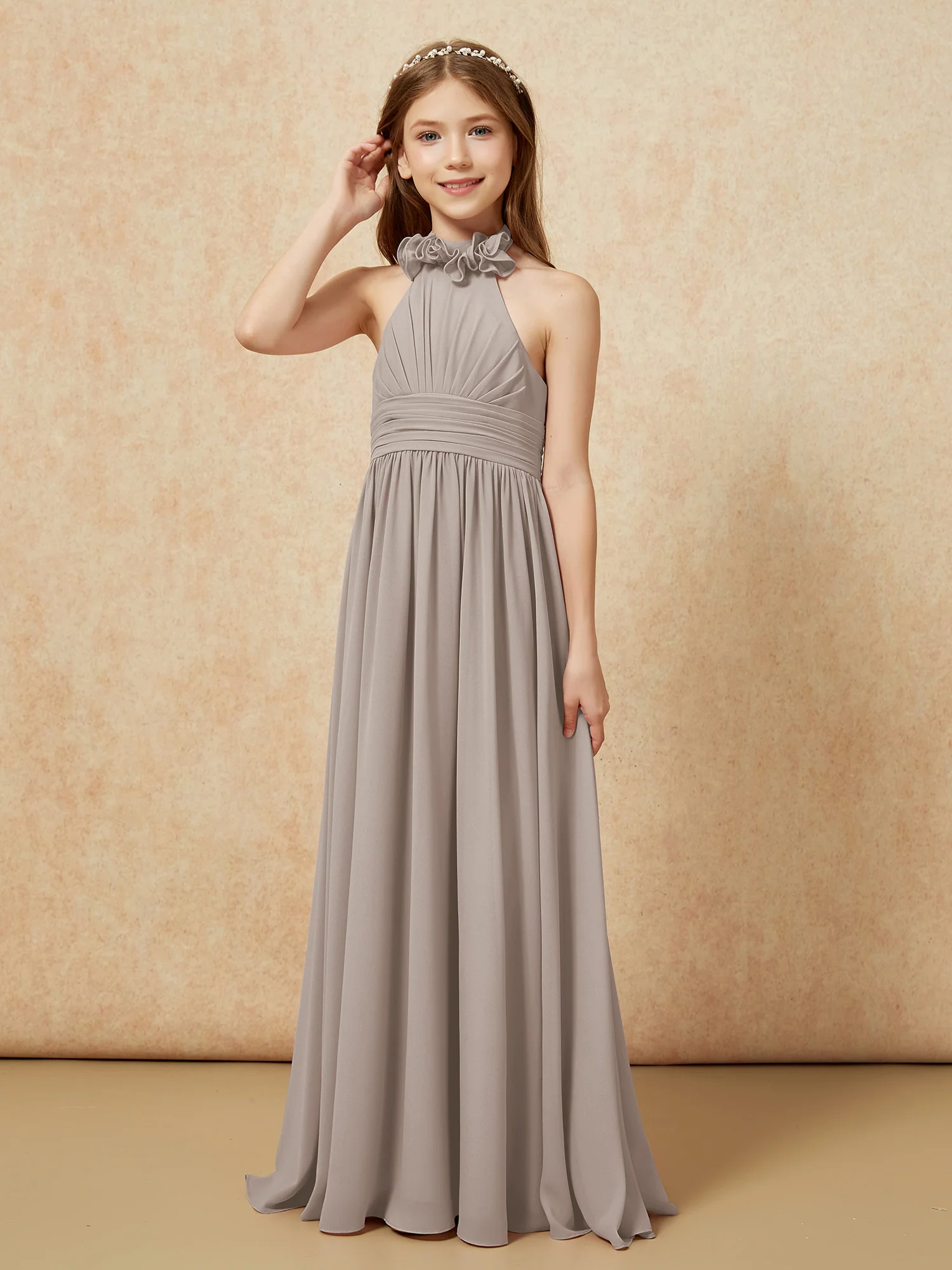 Halter Backless Chiffon Long Junior Bridesmaid Dress Taupe - Image 3