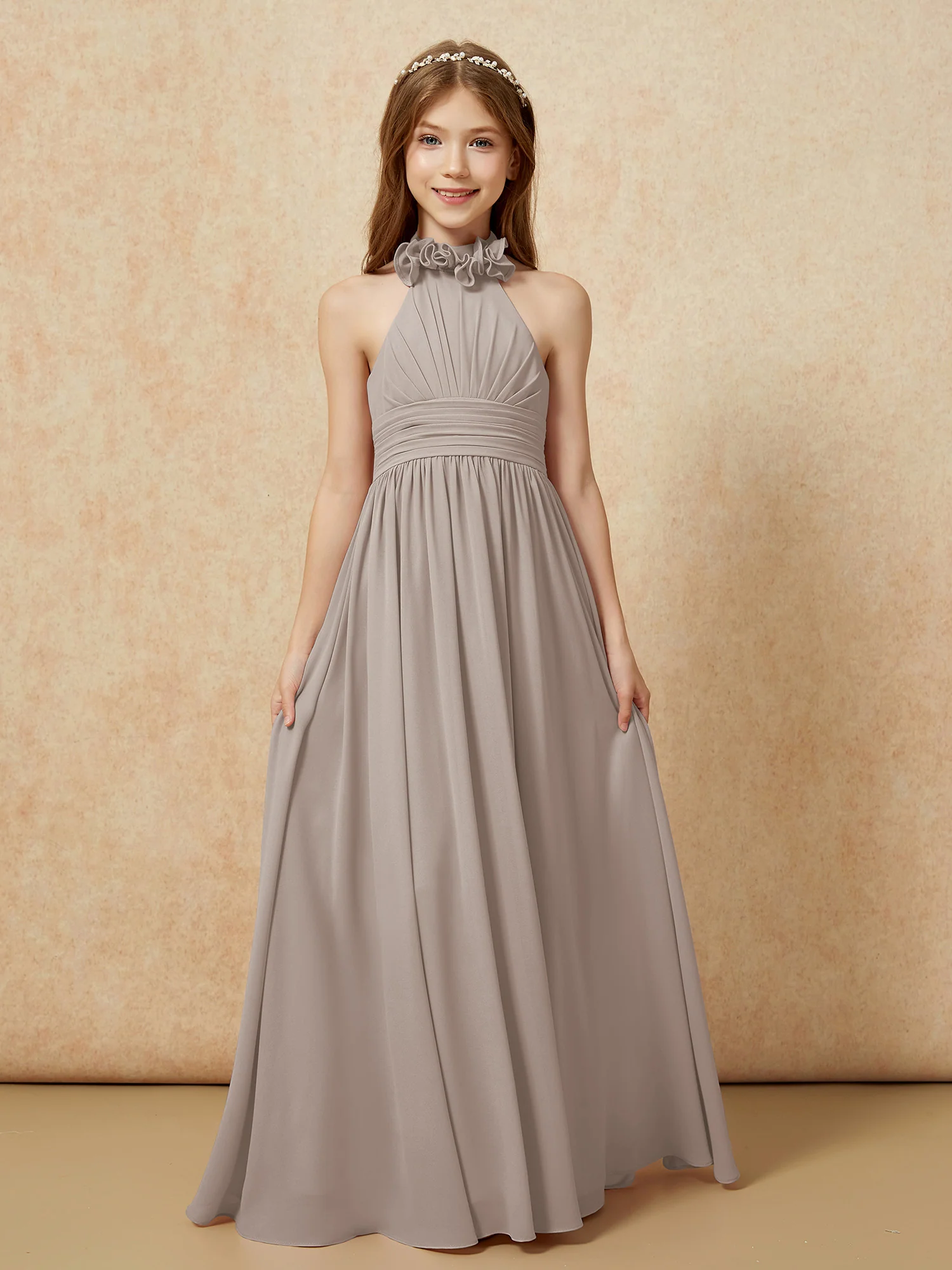 Halter Backless Chiffon Long Junior Bridesmaid Dress Taupe - Image 4