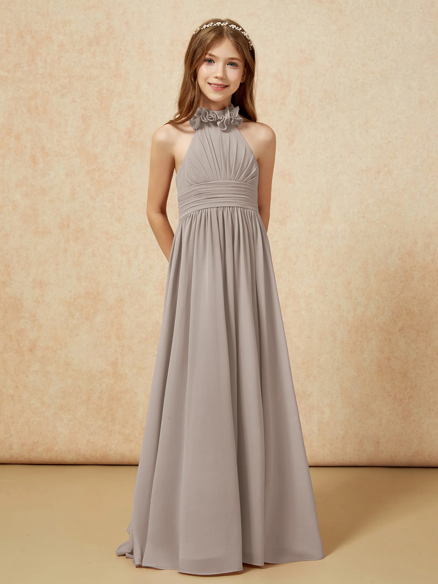 Halter Backless Chiffon Long Junior Bridesmaid Dress Taupe - Image 5