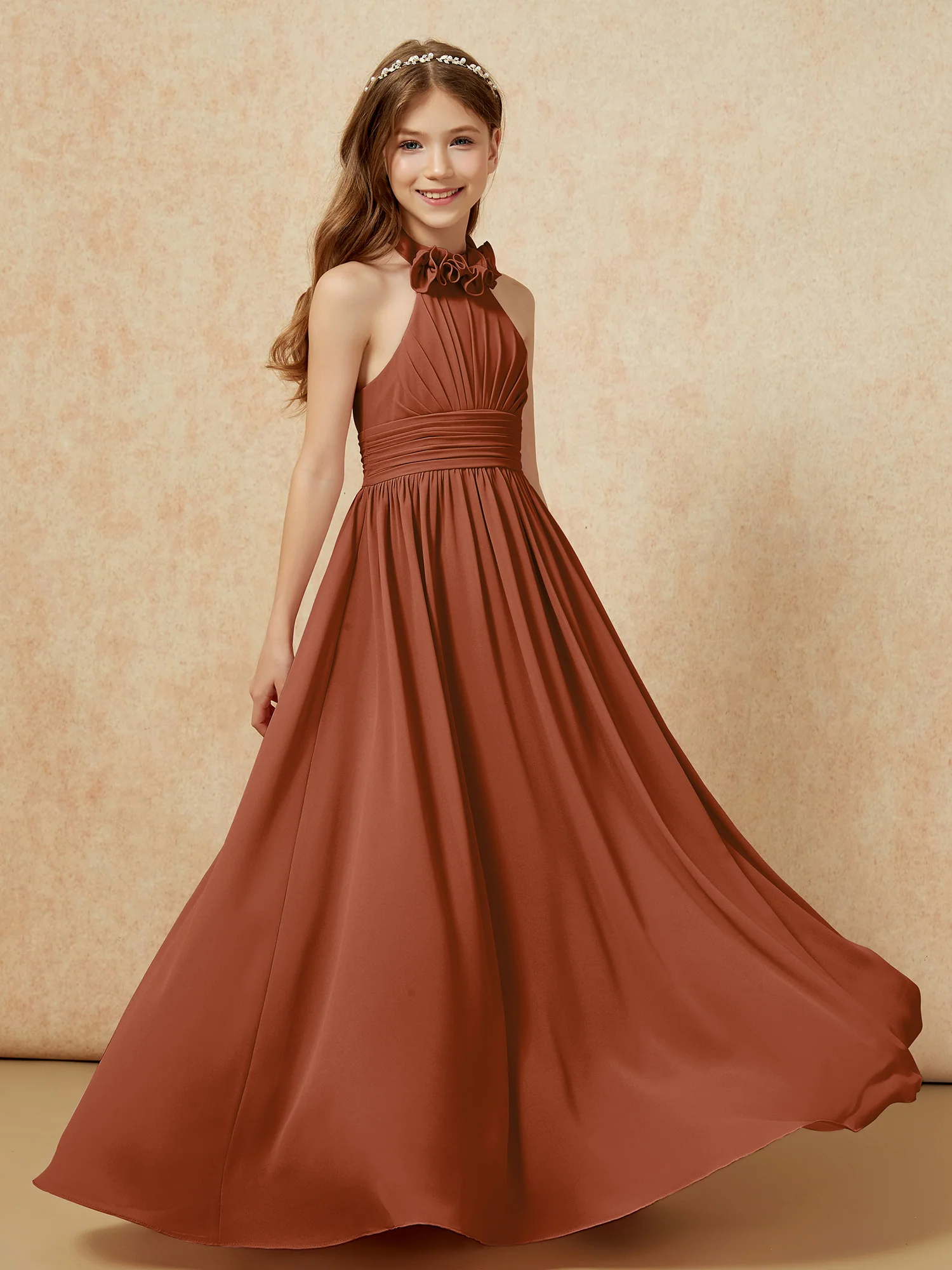 Halter Backless Chiffon Long Junior Bridesmaid Dress Terracotta