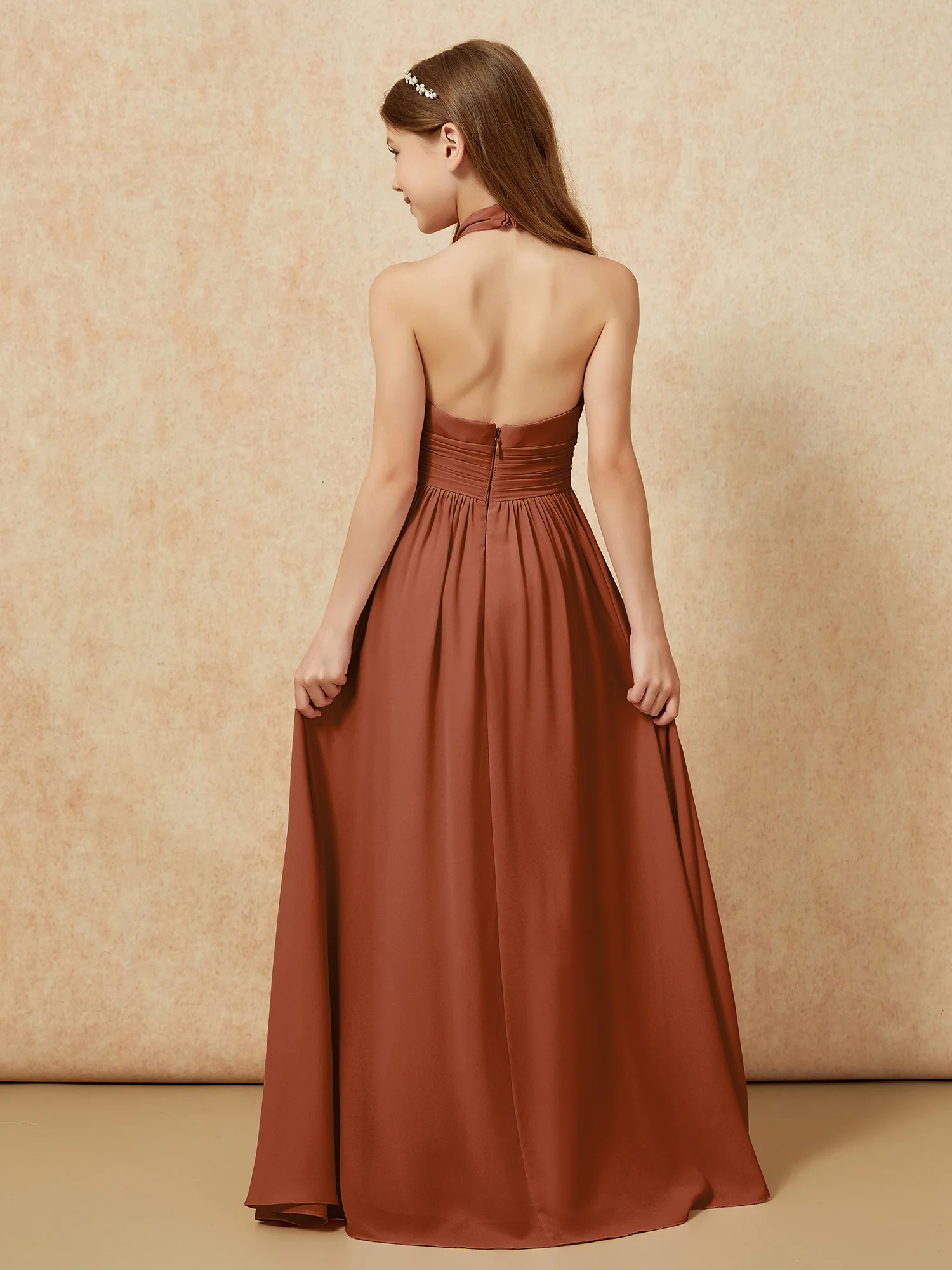 Halter Backless Chiffon Long Junior Bridesmaid Dress Terracotta - Image 2