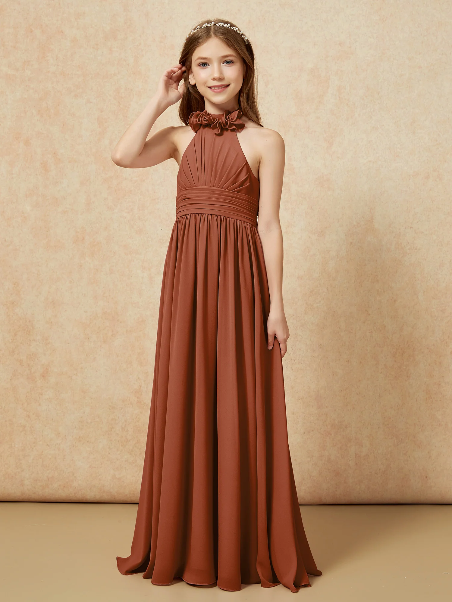 Halter Backless Chiffon Long Junior Bridesmaid Dress Terracotta - Image 3