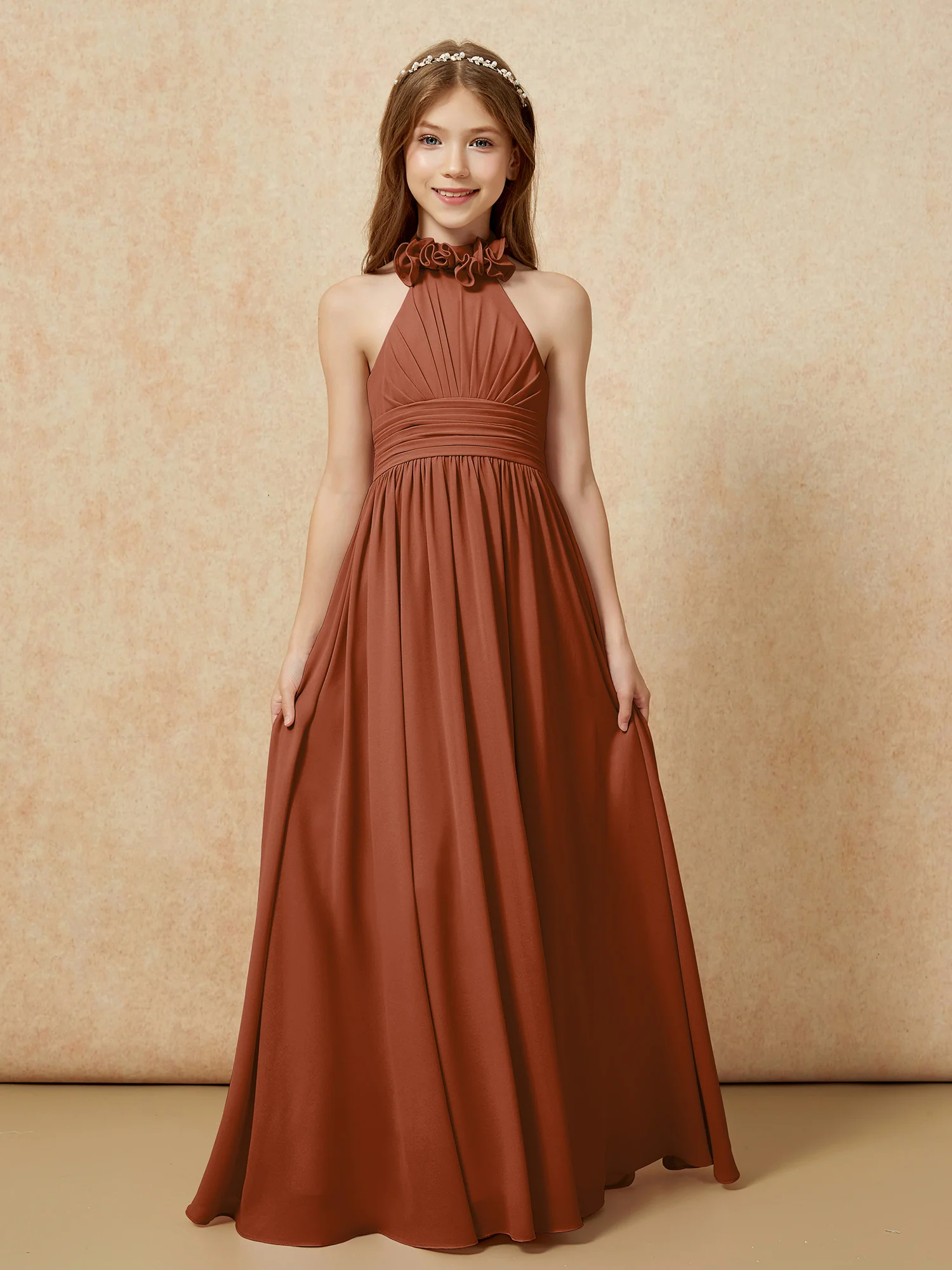 Halter Backless Chiffon Long Junior Bridesmaid Dress Terracotta - Image 4