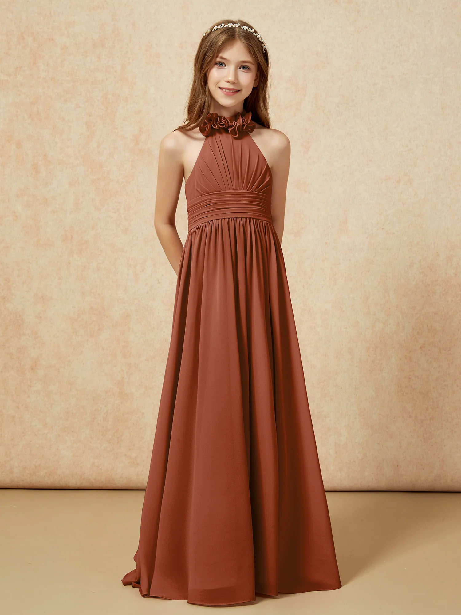 Halter Backless Chiffon Long Junior Bridesmaid Dress Terracotta - Image 5