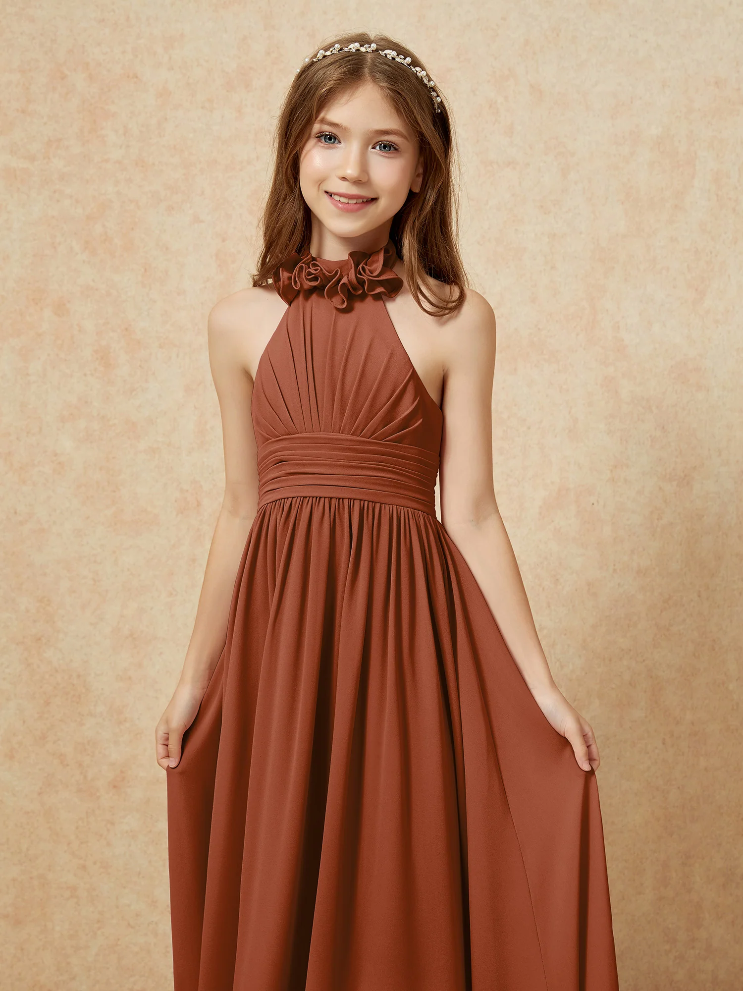 Halter Backless Chiffon Long Junior Bridesmaid Dress Terracotta - Image 6