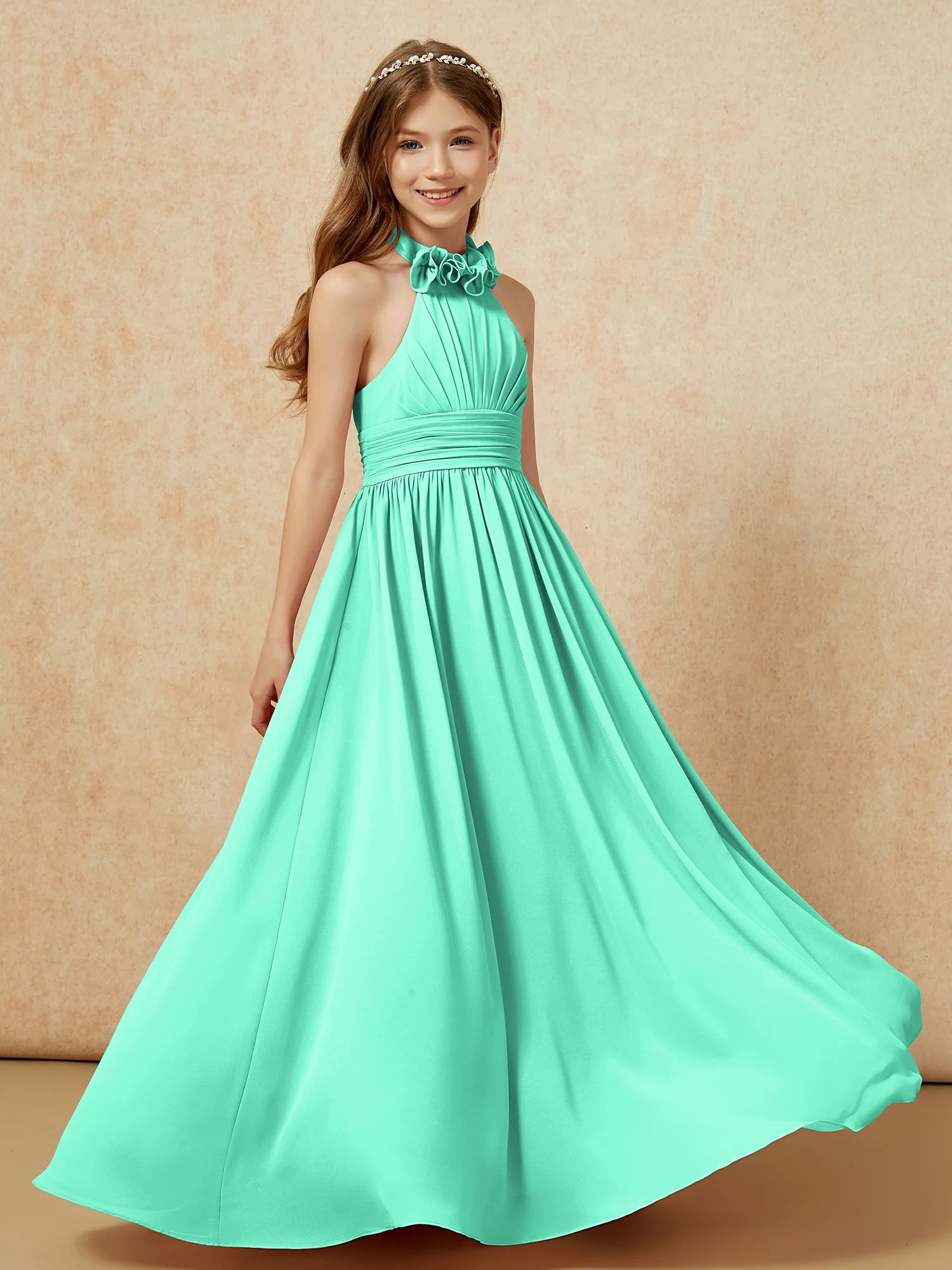 Halter Backless Chiffon Long Junior Bridesmaid Dress Turquoise