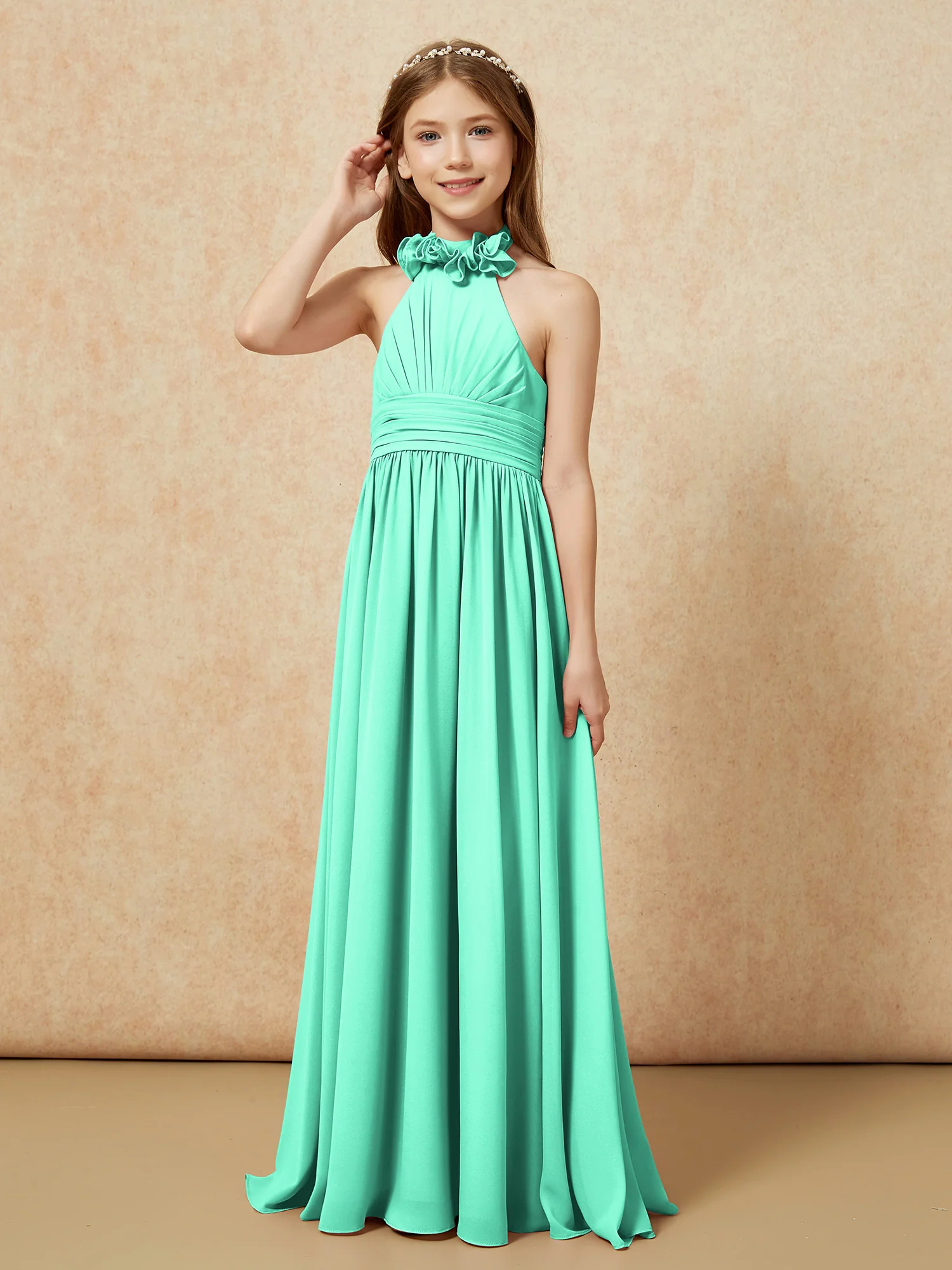 Halter Backless Chiffon Long Junior Bridesmaid Dress Turquoise - Image 3