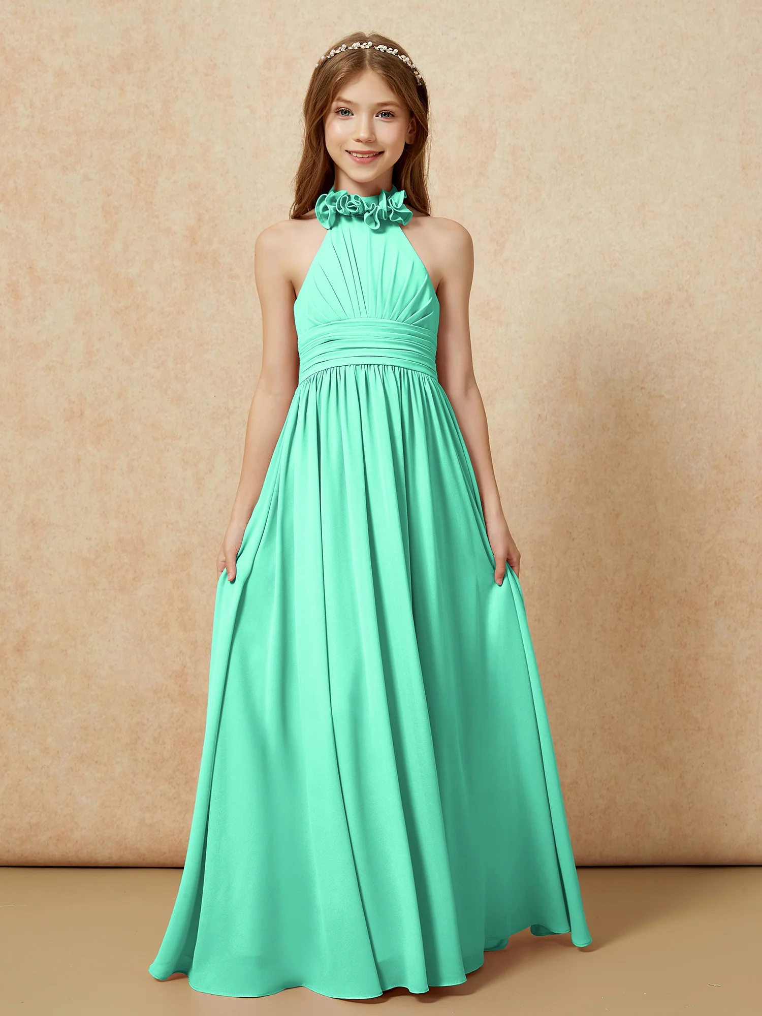 Halter Backless Chiffon Long Junior Bridesmaid Dress Turquoise - Image 4