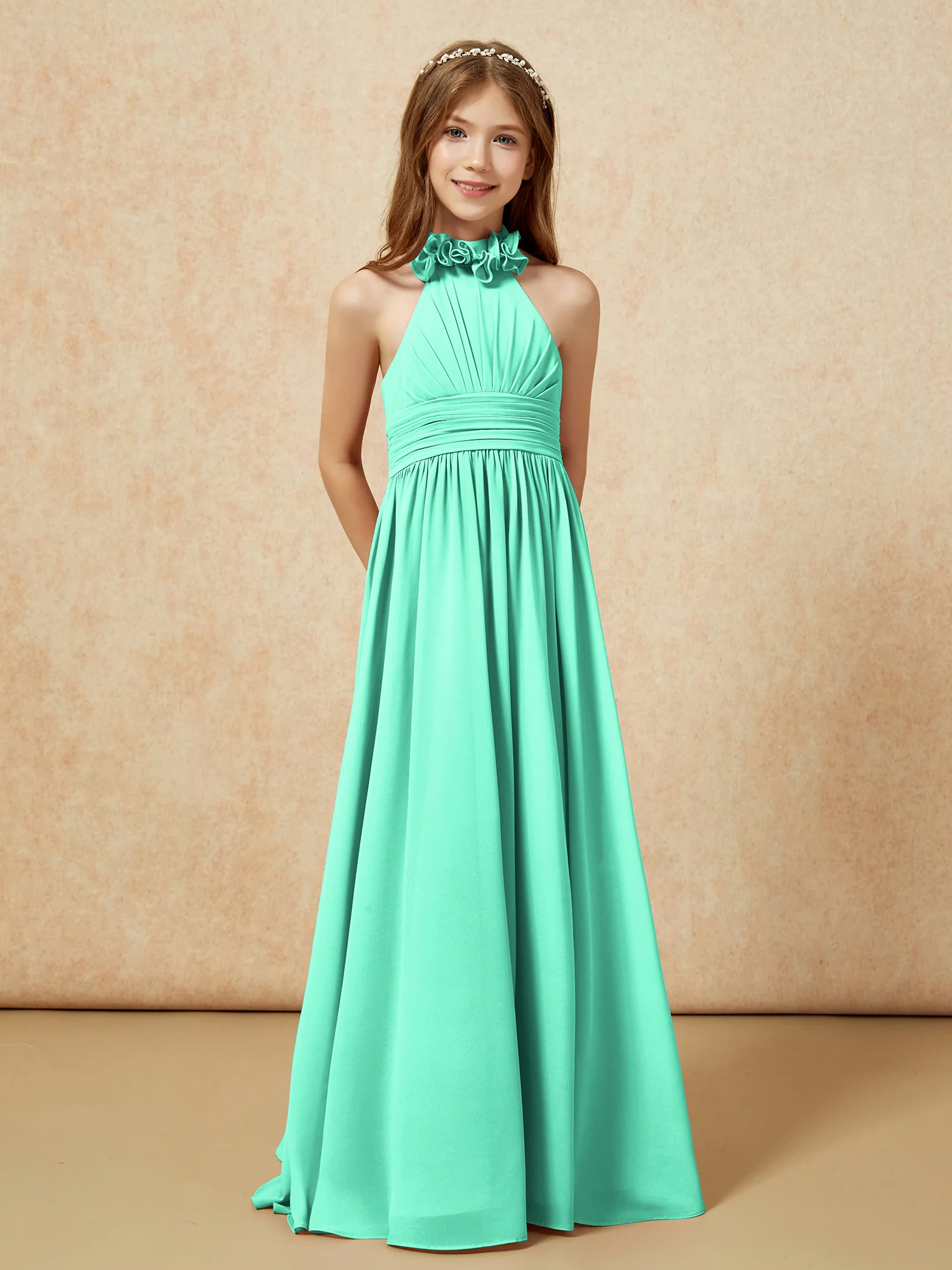 Halter Backless Chiffon Long Junior Bridesmaid Dress Turquoise - Image 5