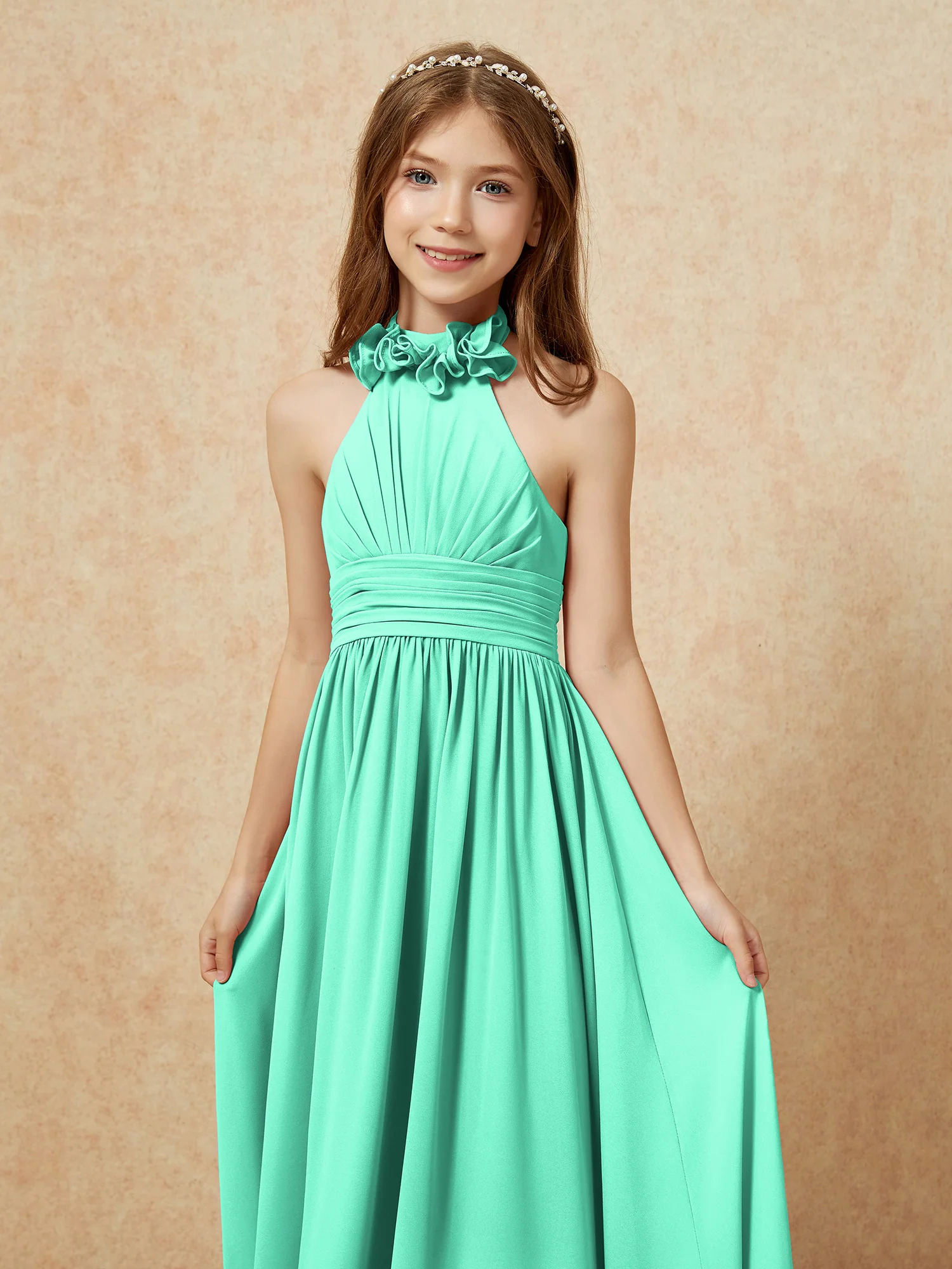 Halter Backless Chiffon Long Junior Bridesmaid Dress Turquoise - Image 6