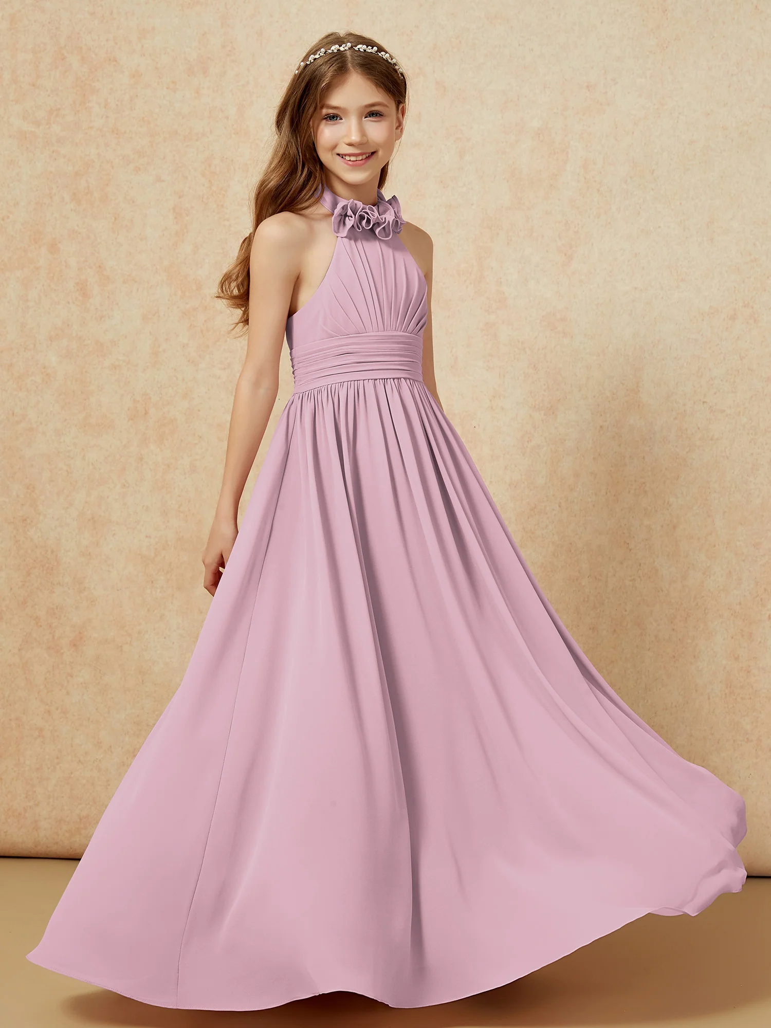 Halter Backless Chiffon Long Junior Bridesmaid Dress Vintage Mauve