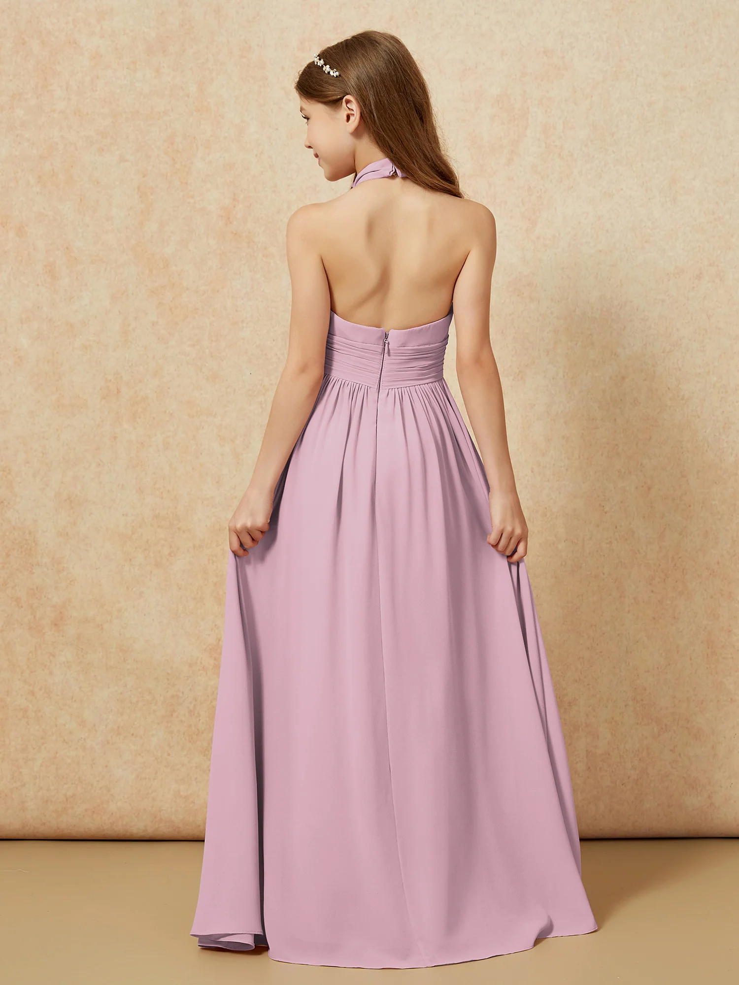 Halter Backless Chiffon Long Junior Bridesmaid Dress Vintage Mauve - Image 2