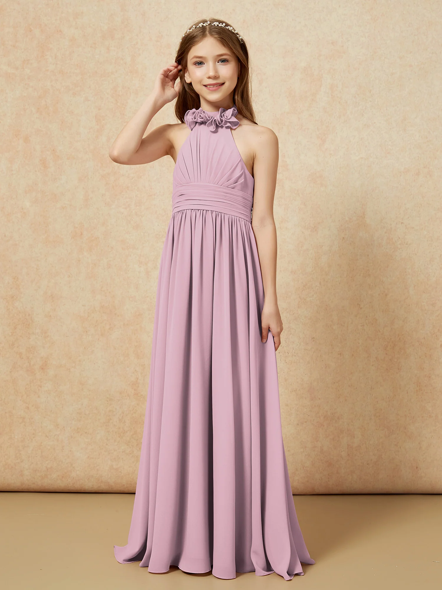 Halter Backless Chiffon Long Junior Bridesmaid Dress Vintage Mauve - Image 3
