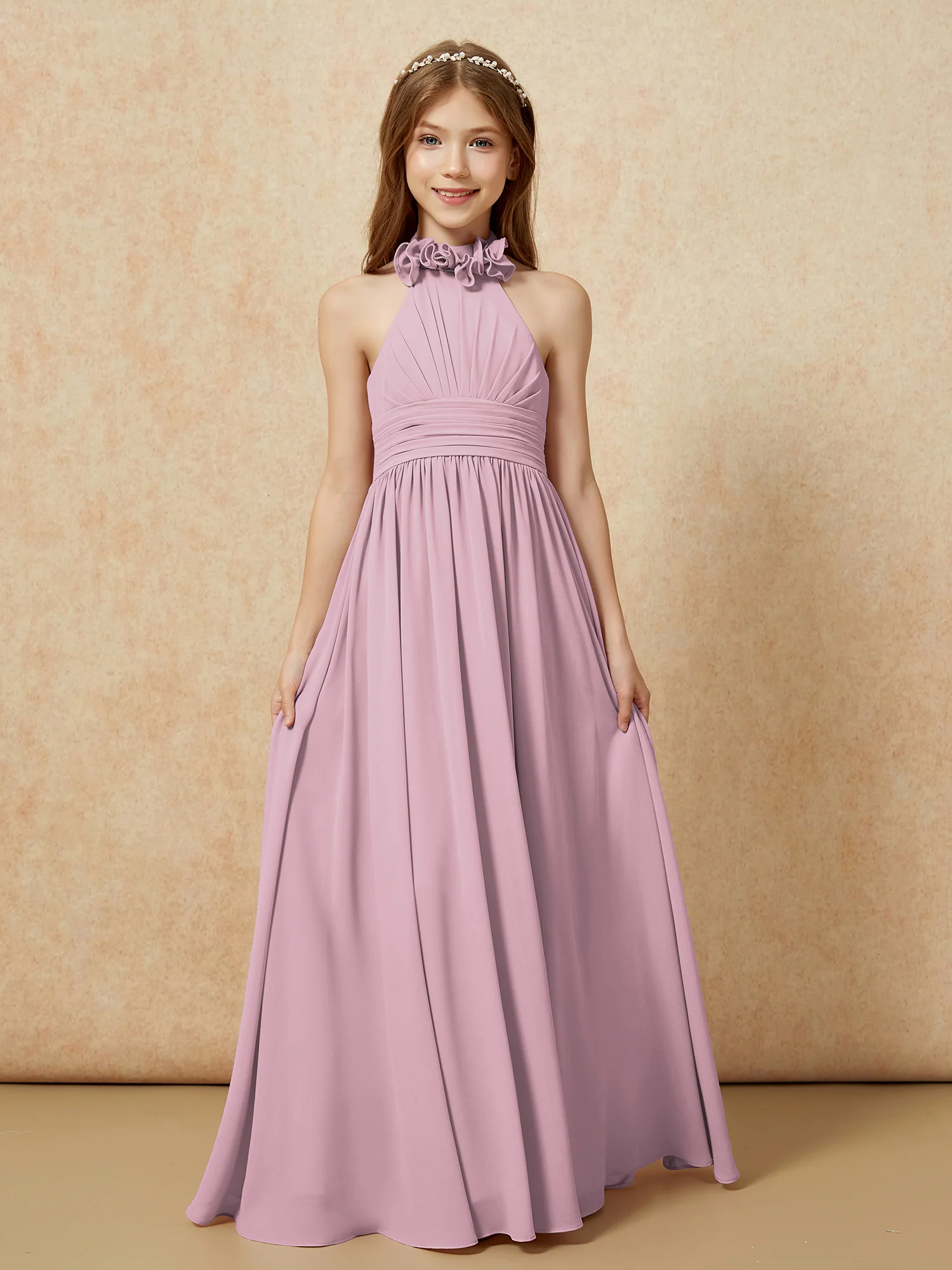 Halter Backless Chiffon Long Junior Bridesmaid Dress Vintage Mauve - Image 4
