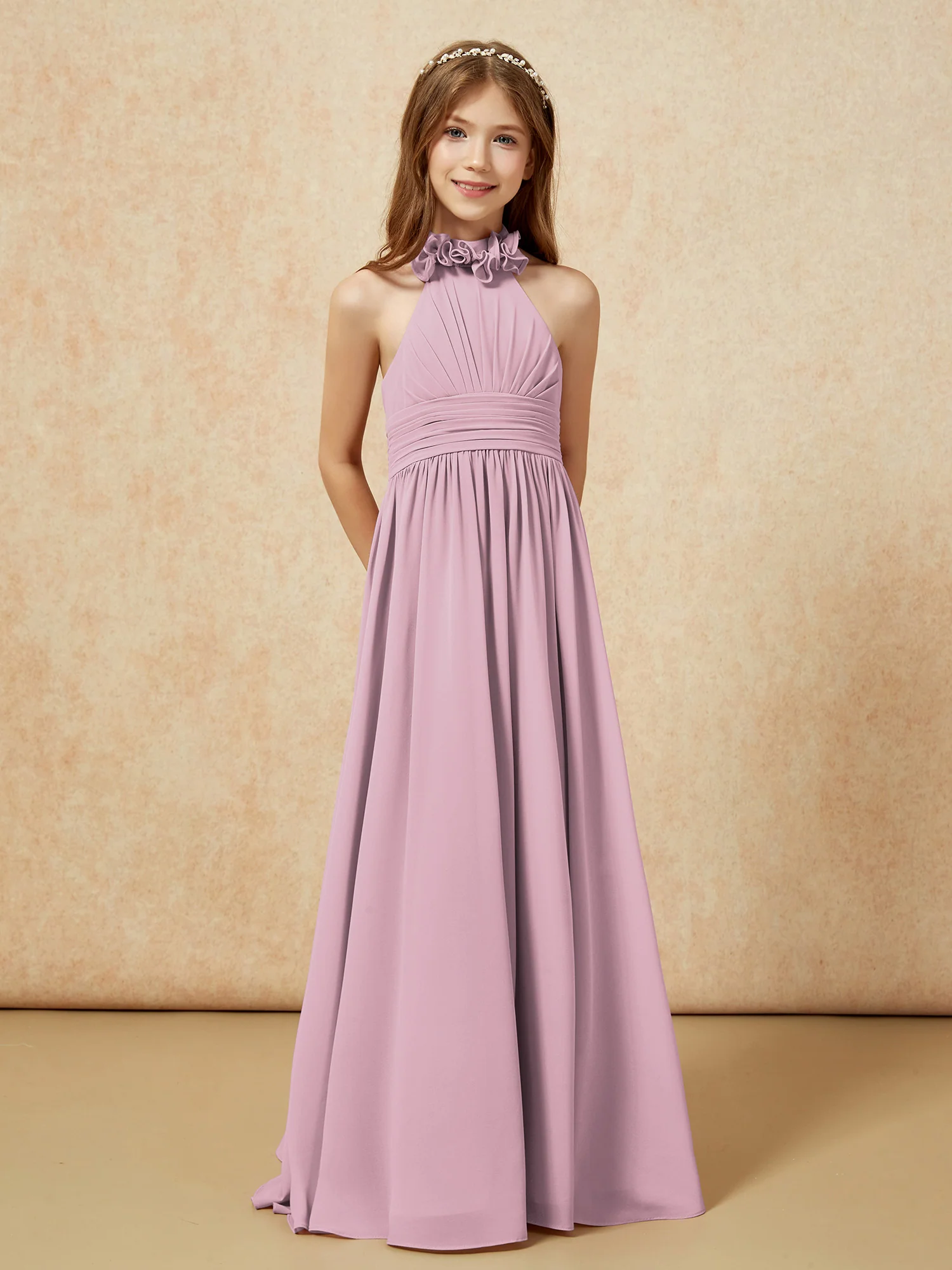 Halter Backless Chiffon Long Junior Bridesmaid Dress Vintage Mauve - Image 5