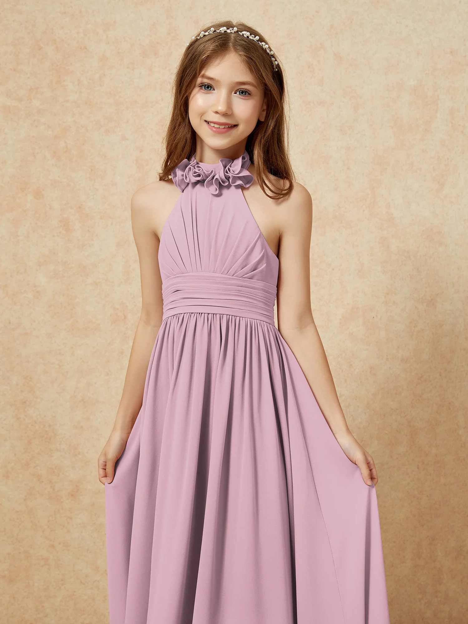 Halter Backless Chiffon Long Junior Bridesmaid Dress Vintage Mauve - Image 6