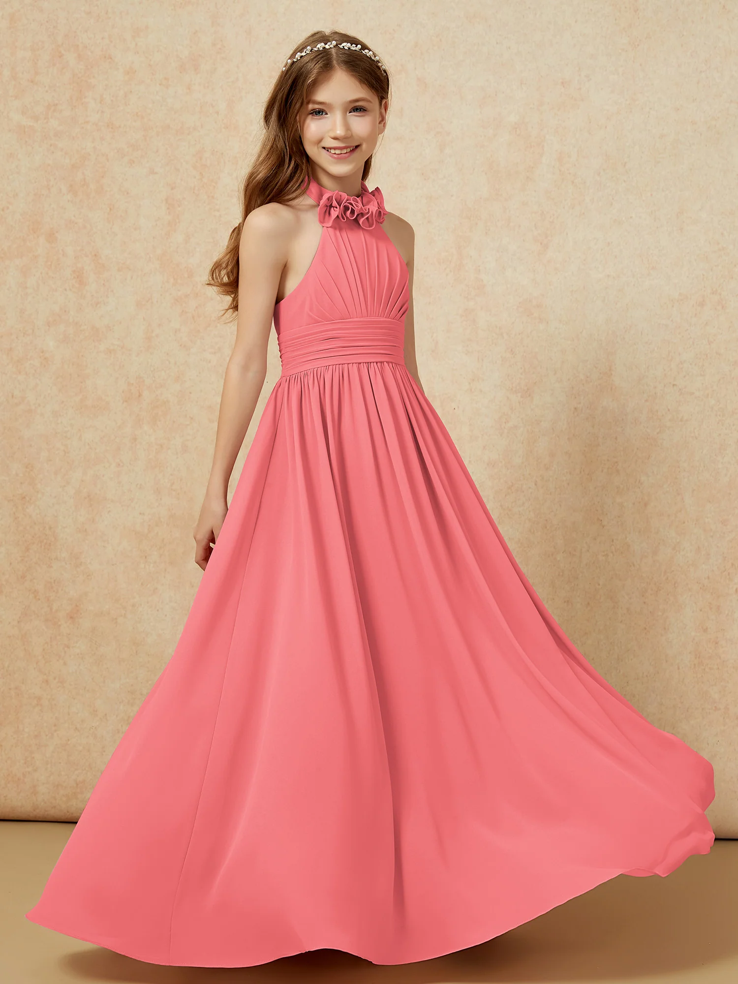 Halter Backless Chiffon Long Junior Bridesmaid Dress Watermelon