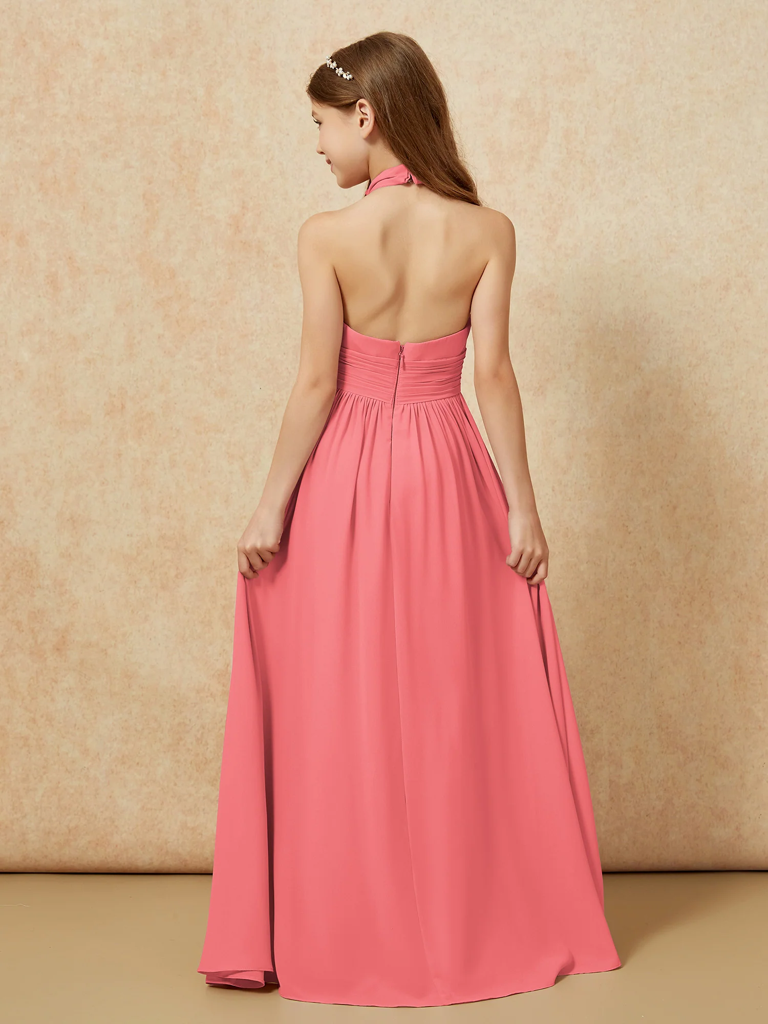 Halter Backless Chiffon Long Junior Bridesmaid Dress Watermelon - Image 2