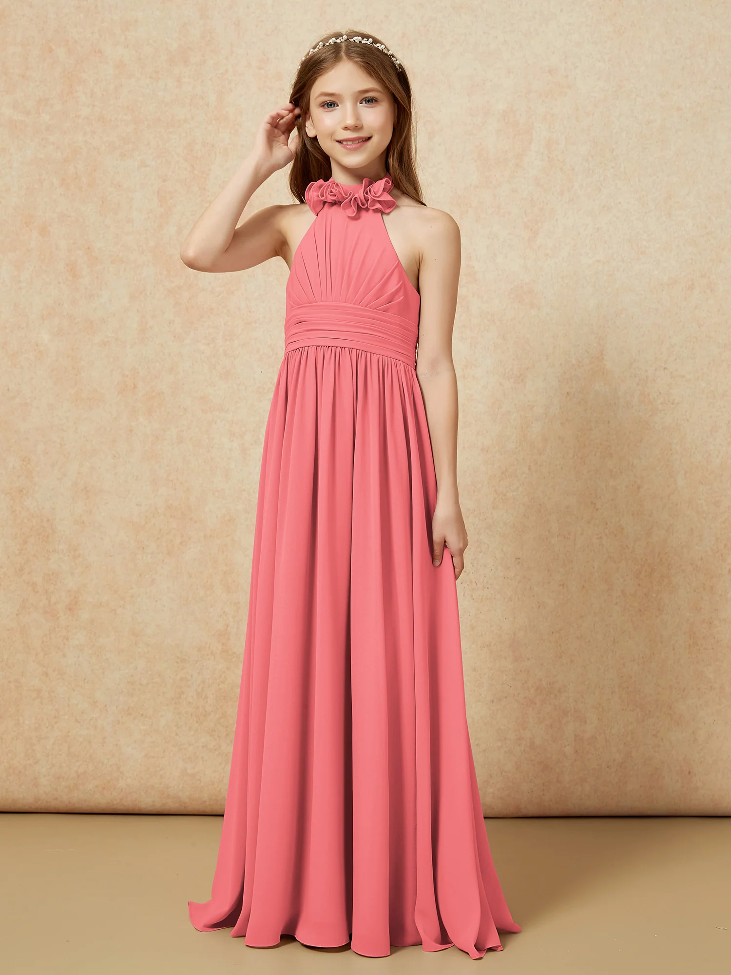 Halter Backless Chiffon Long Junior Bridesmaid Dress Watermelon - Image 3