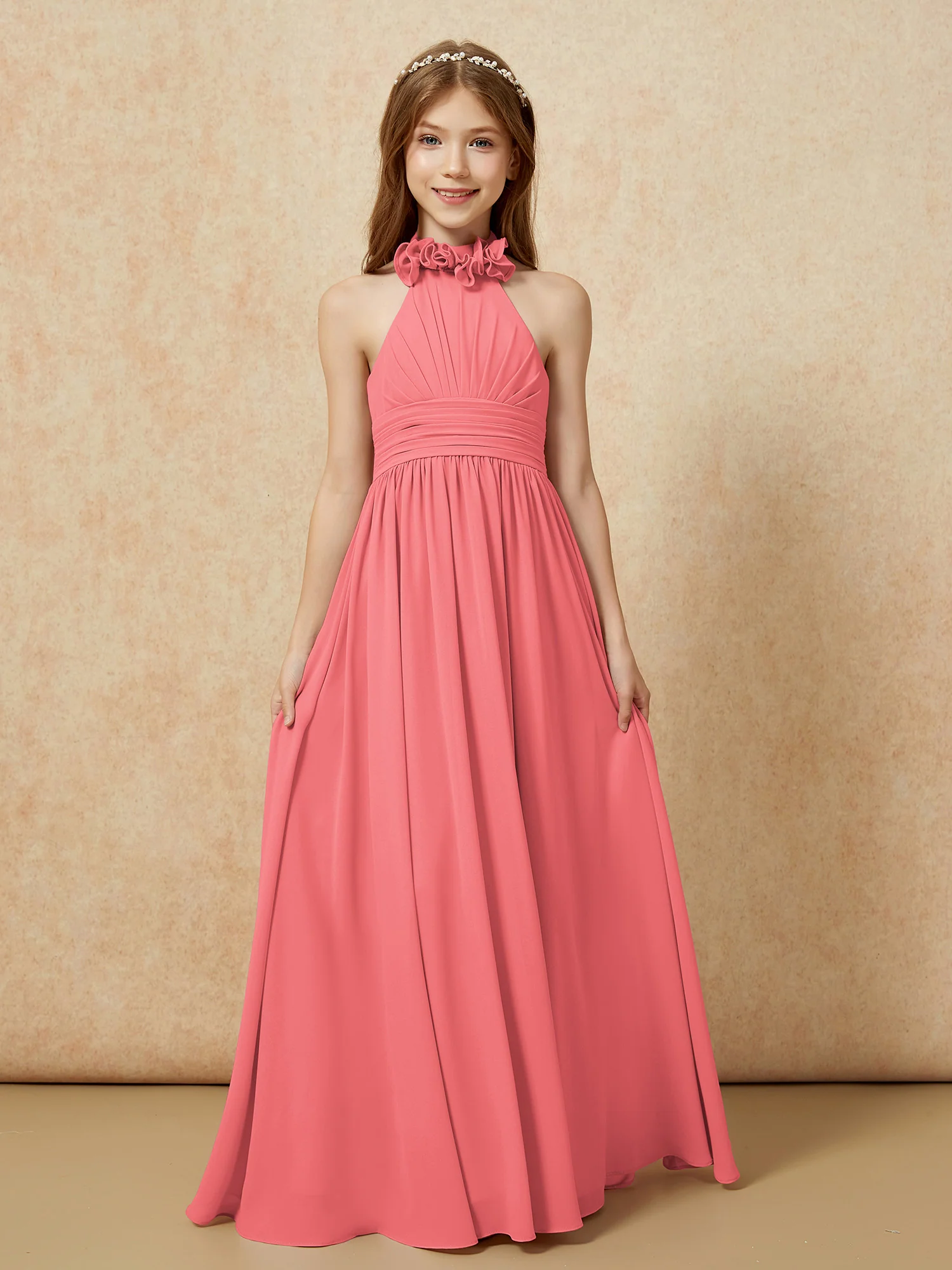 Halter Backless Chiffon Long Junior Bridesmaid Dress Watermelon - Image 4