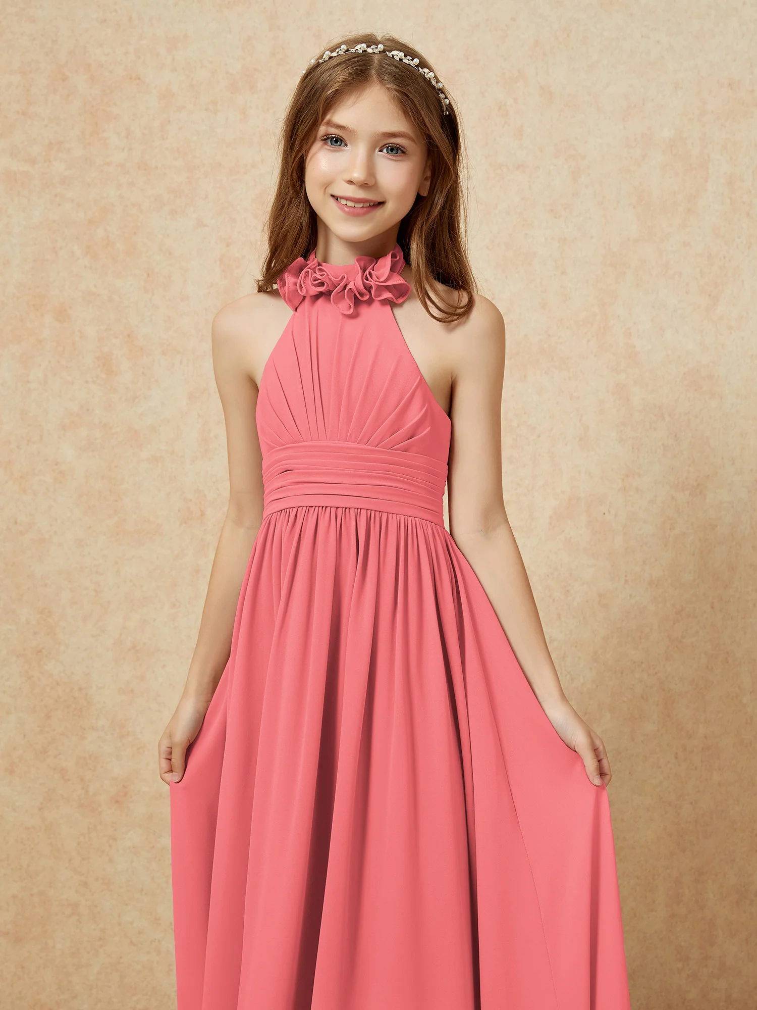 Halter Backless Chiffon Long Junior Bridesmaid Dress Watermelon - Image 6