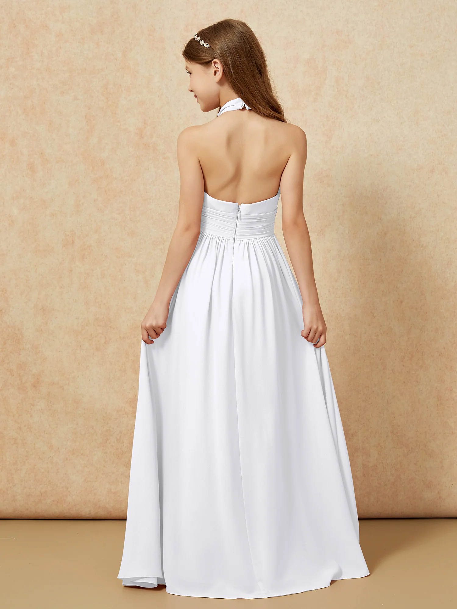 Halter Backless Chiffon Long Junior Bridesmaid Dress White - Image 2