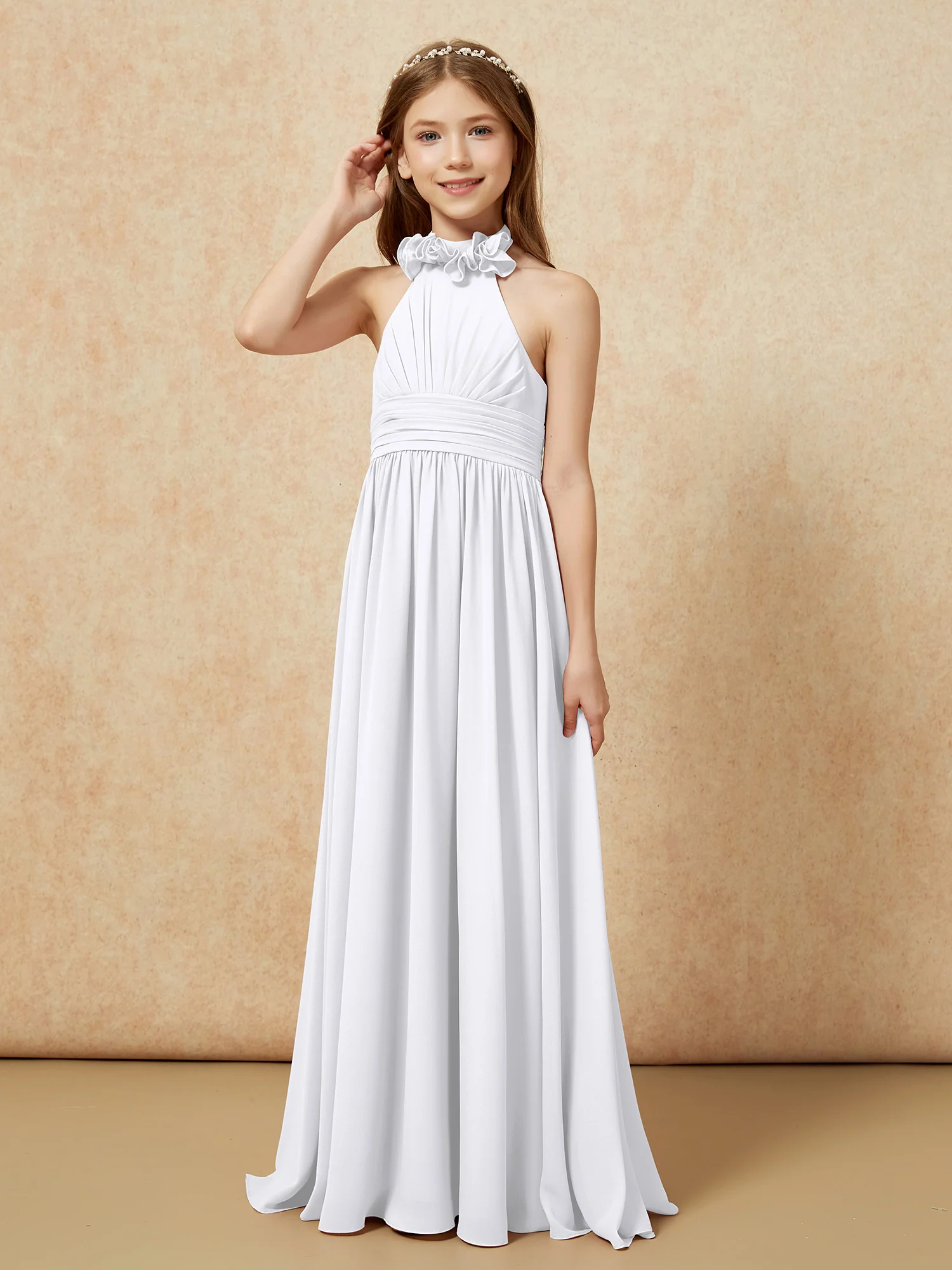 Halter Backless Chiffon Long Junior Bridesmaid Dress White - Image 3