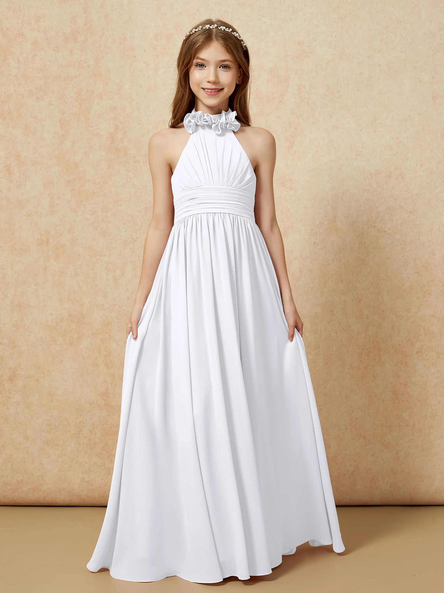 Halter Backless Chiffon Long Junior Bridesmaid Dress White - Image 4