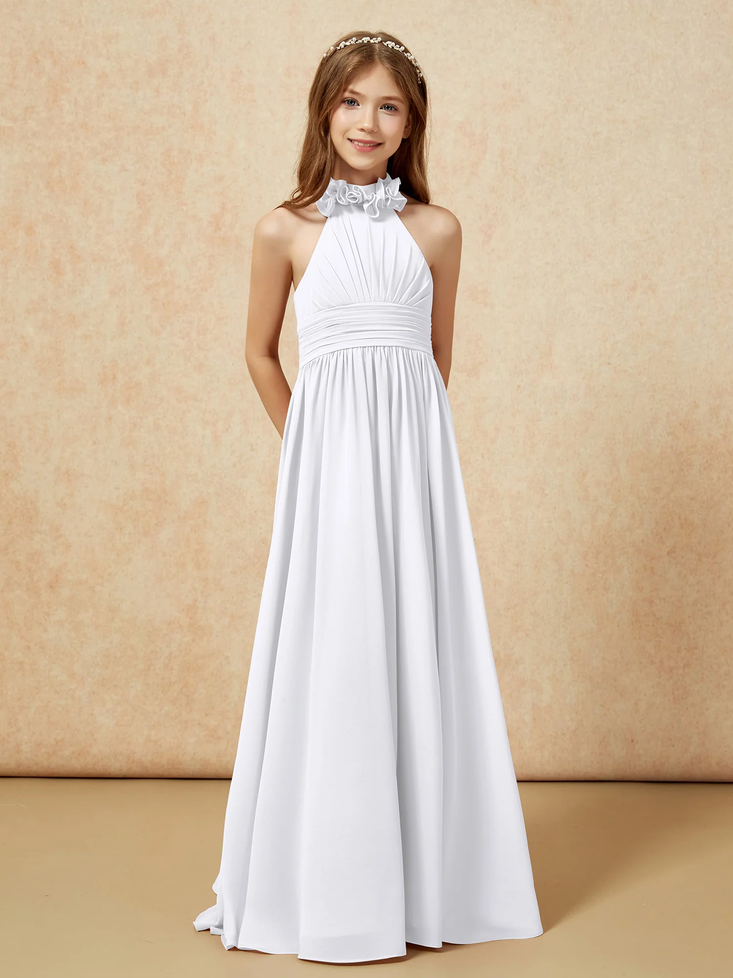 Halter Backless Chiffon Long Junior Bridesmaid Dress White - Image 5