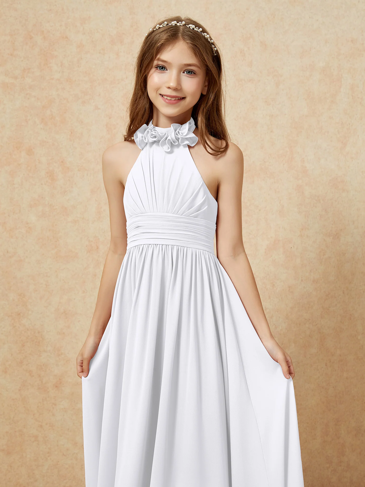 Halter Backless Chiffon Long Junior Bridesmaid Dress White - Image 6